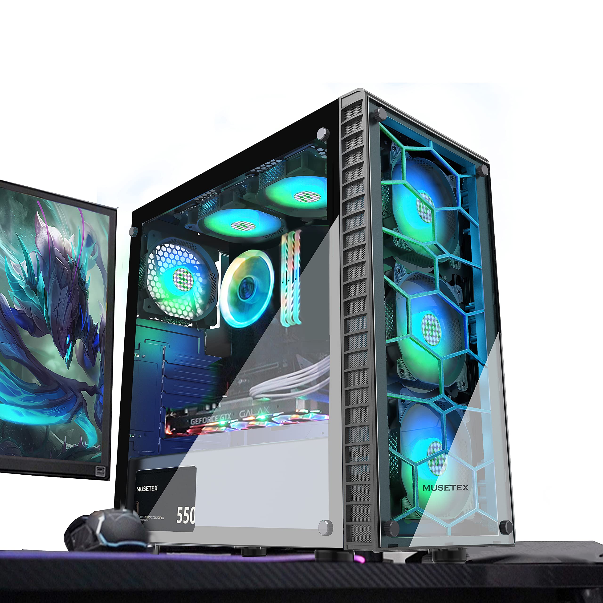 MUSETEX 6pcs ARGB Fans PreInstalled, USB 3.0 Tempered Glass ATX Mid