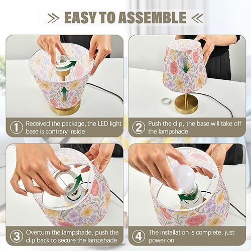 Miniatura 5 de Retro Pastel Floral Pattern Table Lamp for Bedroom 3 Lighting Modes Bedside Lamps with Fabric Shade for Bedside Desk Office Reading, Metal Base