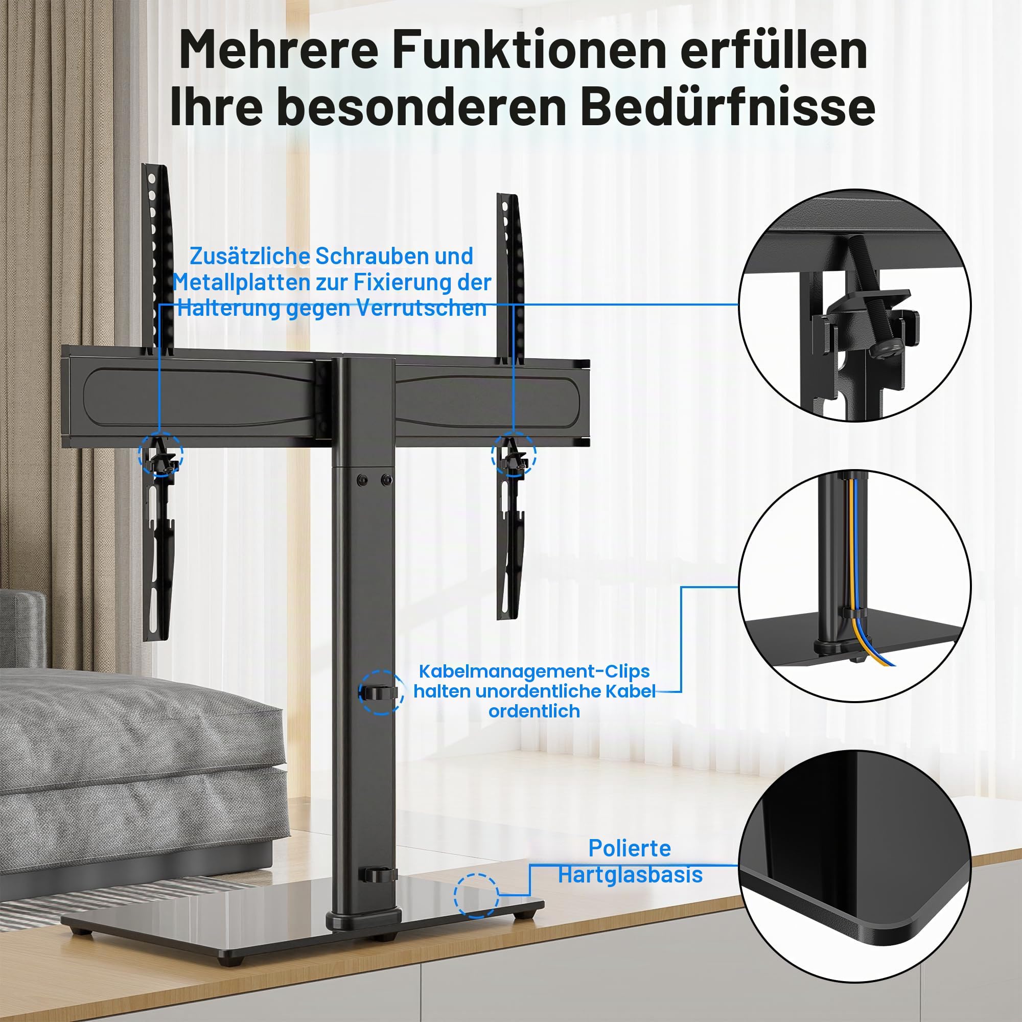BONTEC TV Standfuss für 26-65 Zoll Fernseher, Höhenverstellbar bis 45kg, Max. VESA 600x400mm, Stabil und Universal, für LCD, LED, OLED, Plasma, Flach & Curved