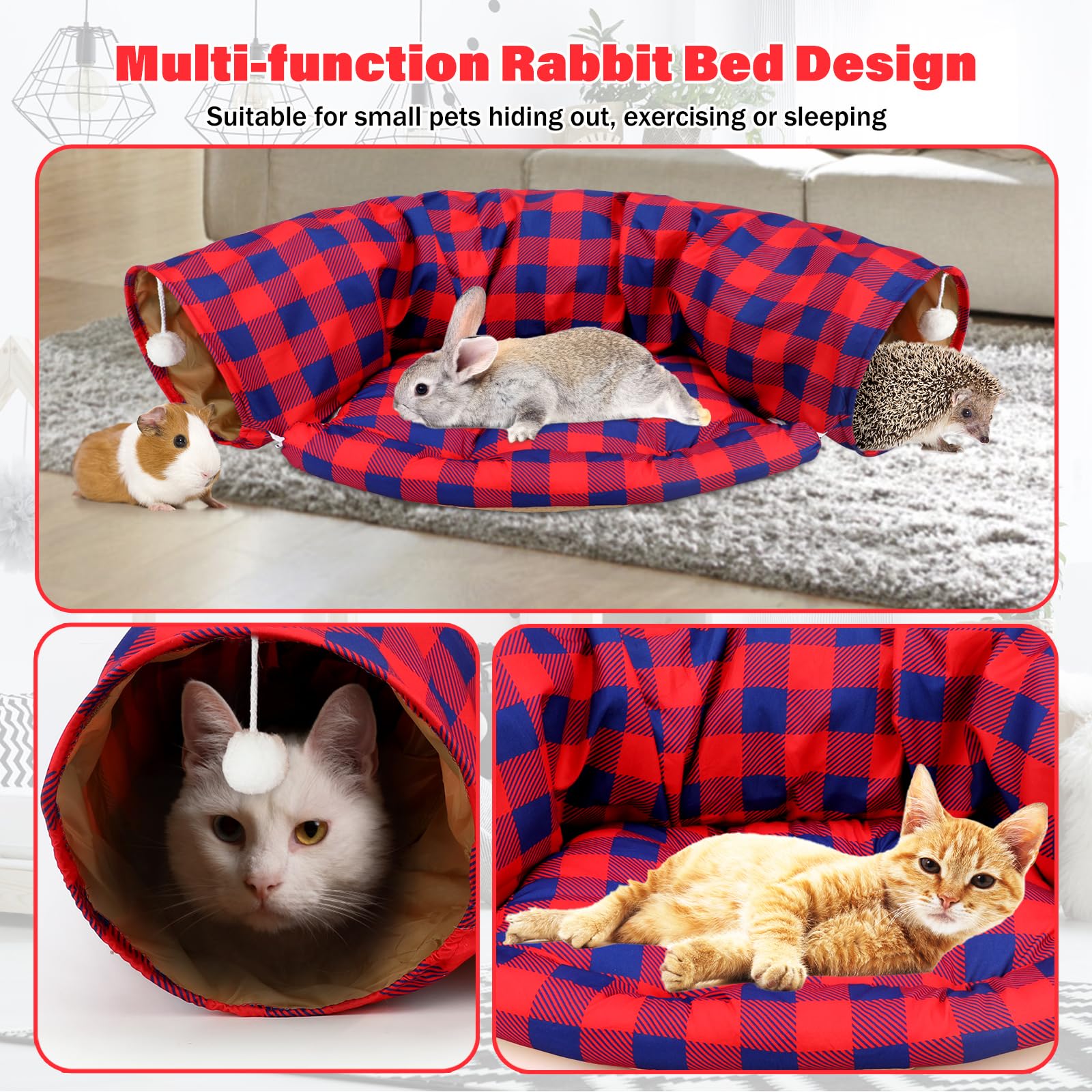 BWOGUE Tunnel lit pour lapin, 2 en 1 - Tunnel pliable avec tapis amovible pour chats, chatons, lapins, cochons d'Inde, chatons (carreaux rouges)