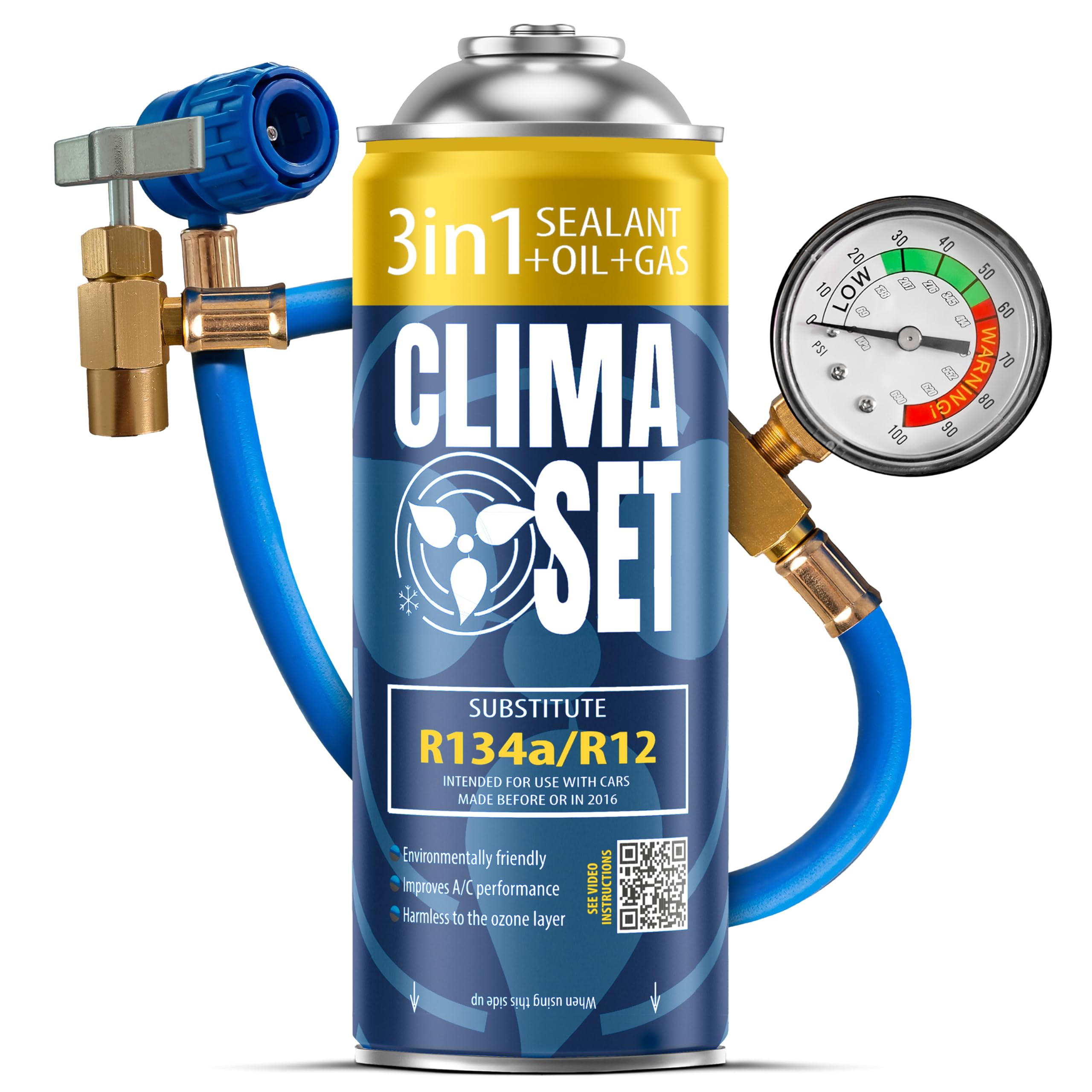 ClimaSet 3in1 Refrigerante di ricambio R134a 170 g - refrigerante R134a, R12 e Olio e Turafalle con tubo gas e manometri condizionatori - kit ricarica clima auto - ECO bombola