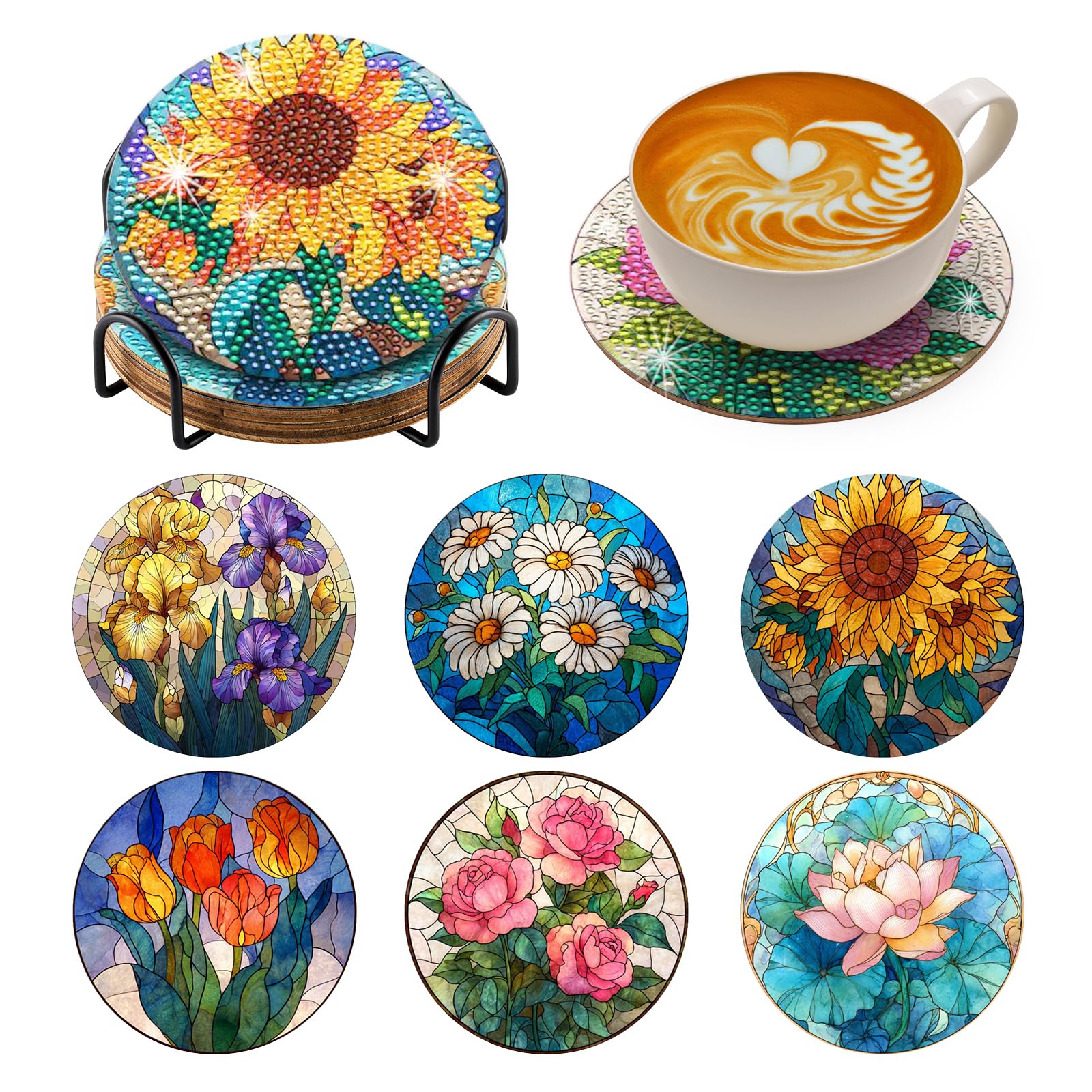 BNG Floral Diamond Paintings Coasters Kits Set with Holder, 6Pcs Rose Art DIY Crafts Coasters for Adults, Art Painting Kits for Women, Beginners, Diamond Craft Supplies