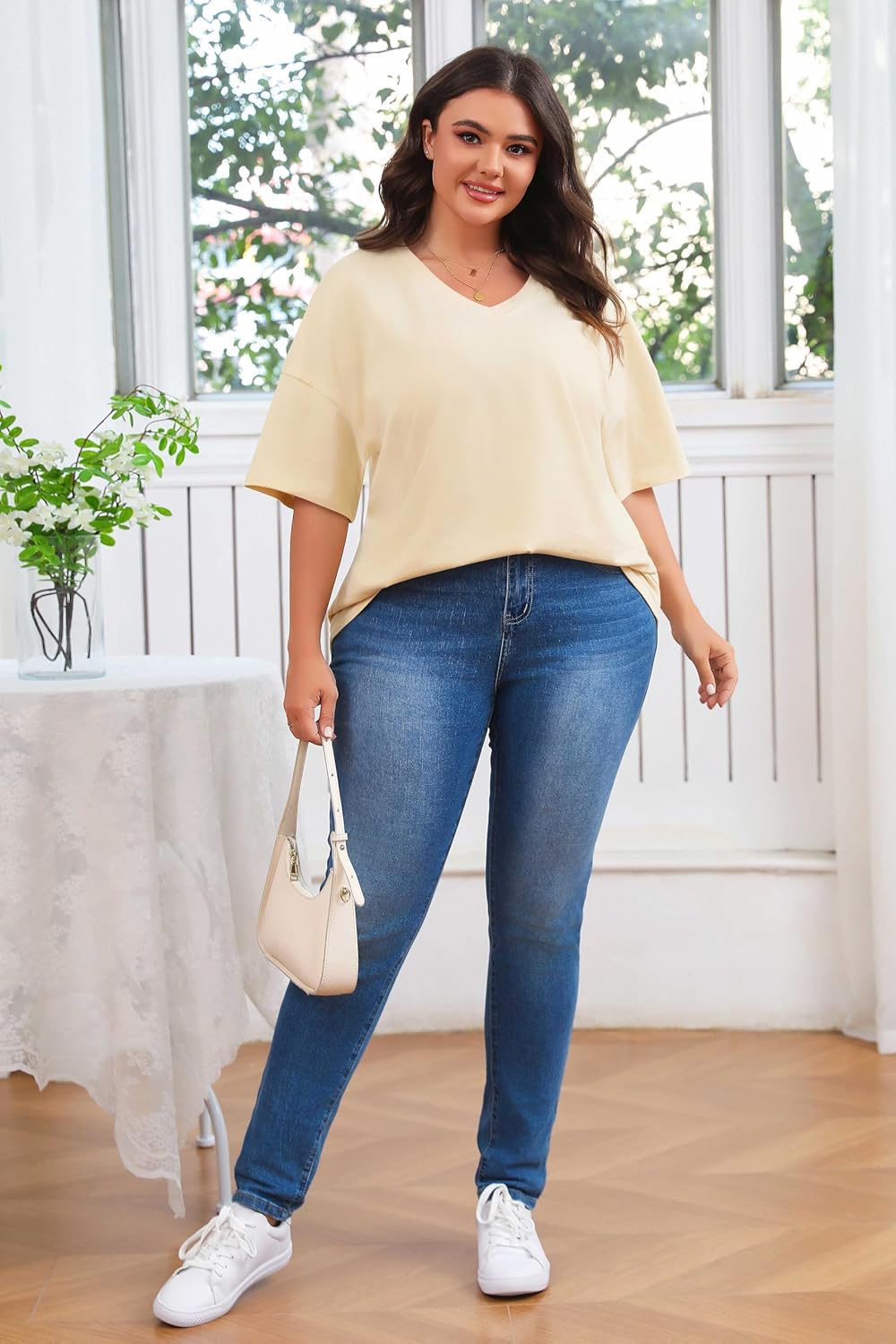 Women's Plus Size V Neck T Shirts Summer Half Sleeve Tees Casual Loose Fit Cotton Tunic Tops - Image 4