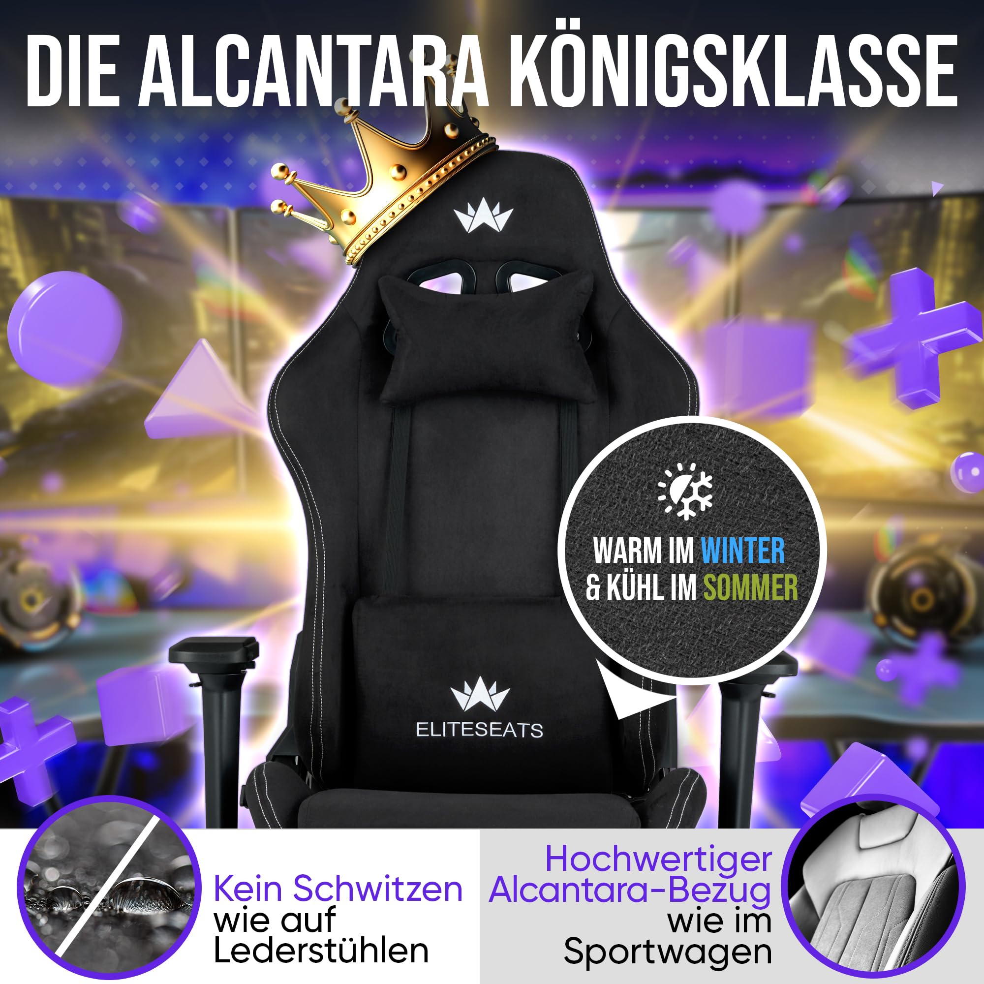 ELITESEATS Gaming Stuhl Ergonomisch TESTSIEGER Kratzerfreie Rollen Atmungsaktiv 4D-Armlehnen Fußstütze 150 kg Belastbarkeit