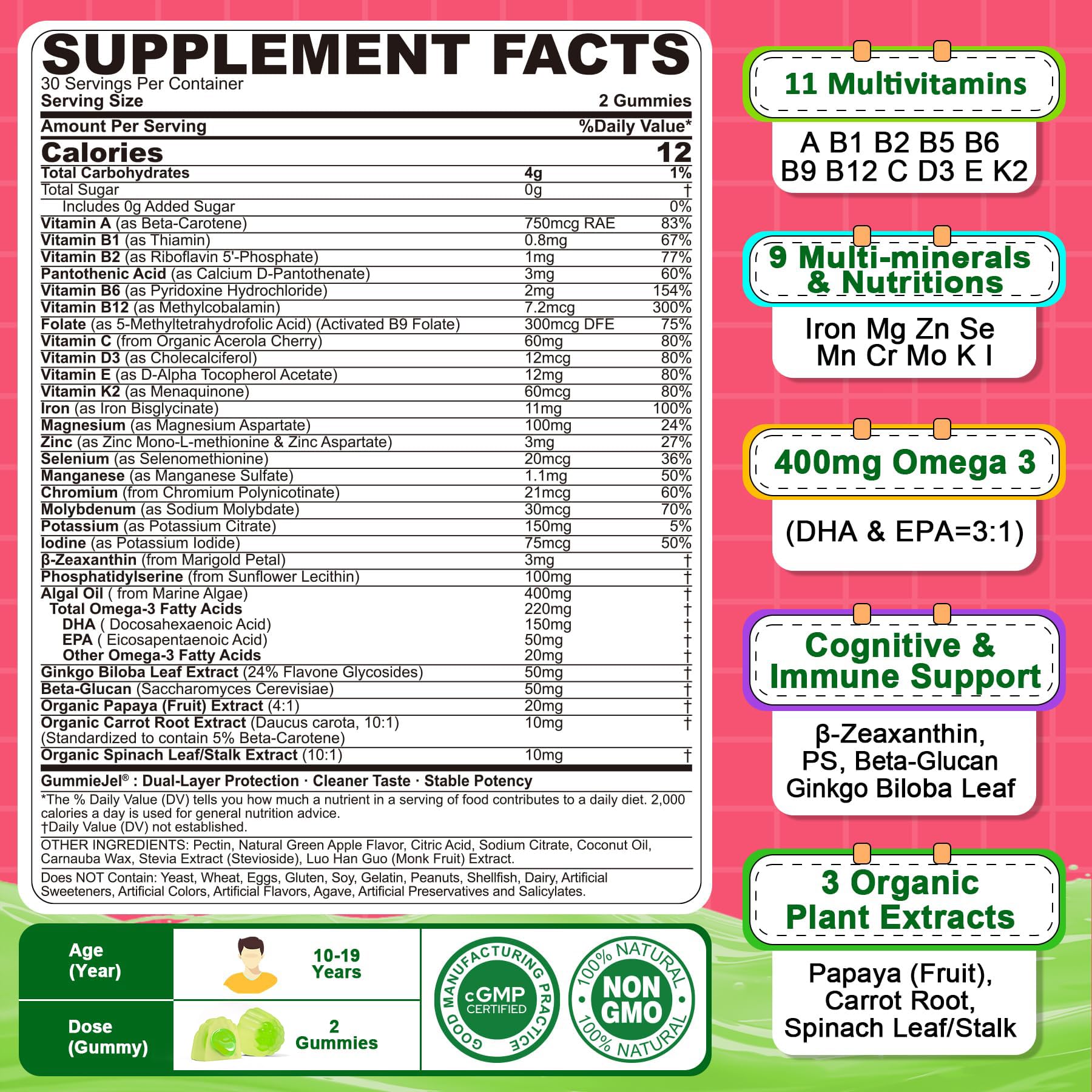 Nextdia Multivitamin Gummies with Iron for Teen Boys Girls 12-17, Kids/Children & Teenagers Ages 10–19 Vitamins w/Omega 3, Magnesium, Zinc, Multi-Minerals for Adolescent Daily Health, Sugar Free, 1P — Amazon image 2