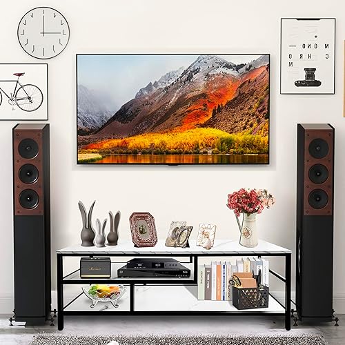 Miniatura 7 de AT-VALY Soporte de 3 niveles para consola multimedia de TV con estantería abierta para sala de estar y dormitorio (marco dorado con tablero PB de