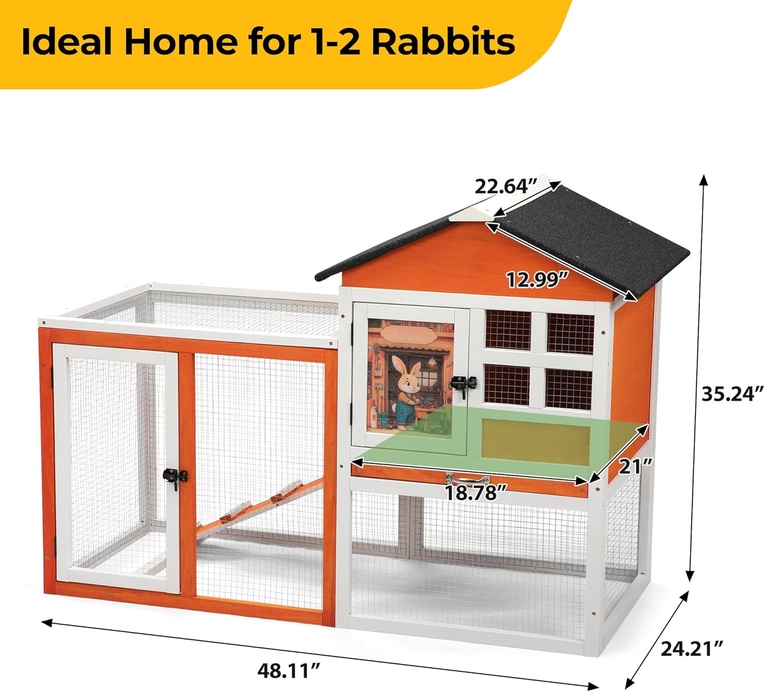 48" L Rabbit Hutch Outdoor Indoor, Expandable 2-Story Large Wooden Bunny Cage with Run, Removale Tray, Top-Opening Waterproof Roof, 2 Doors, DIY Drawing Board, Orange + Colorful Pattern