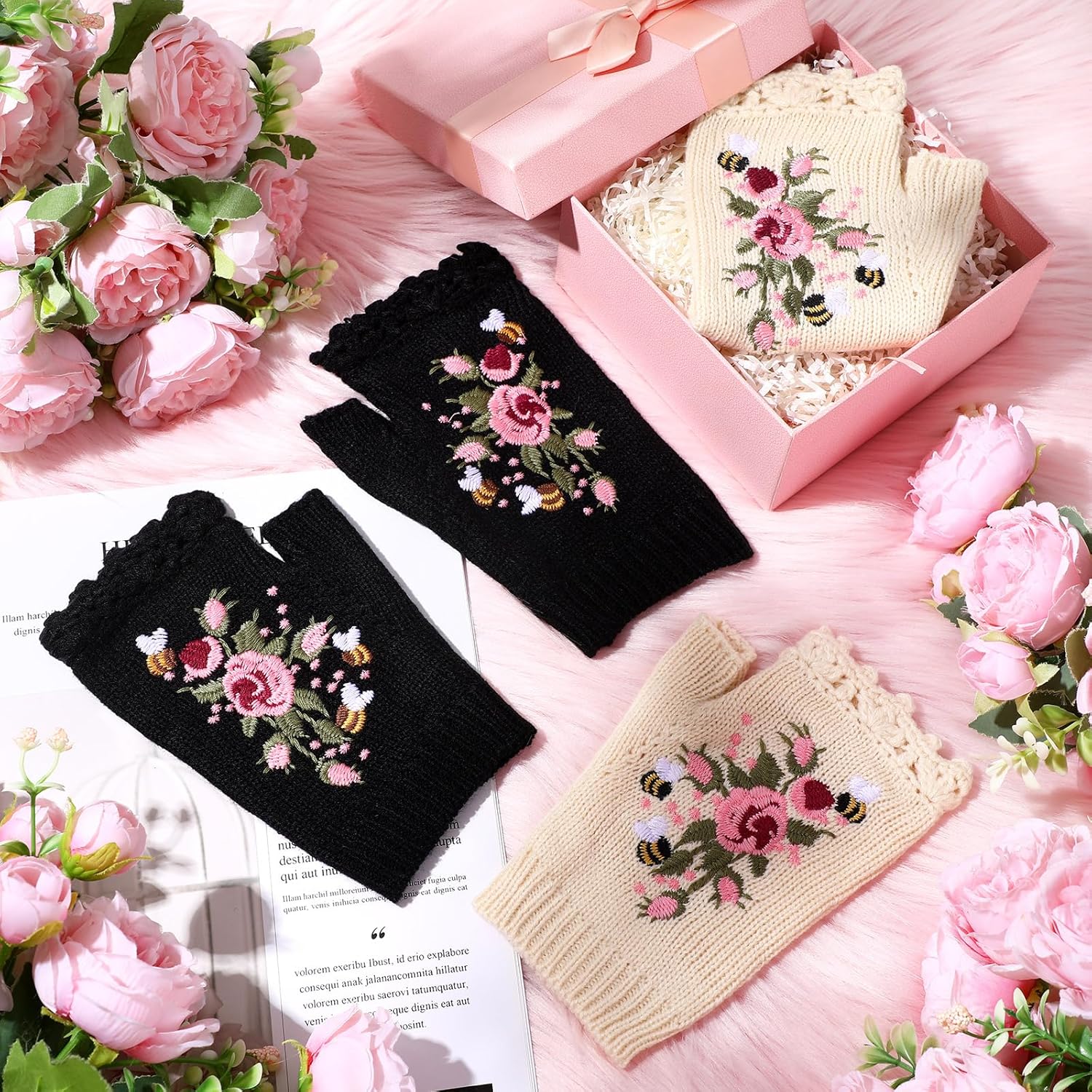 2 Pairs Fingerless Mittens for Women Handmade Flower Embroidered Half Gloves Women's Knitted Gloves Short Half Finger Elastic Warm Mittens for Ladies Autumn Winter Coldproof Black and White - Image 6