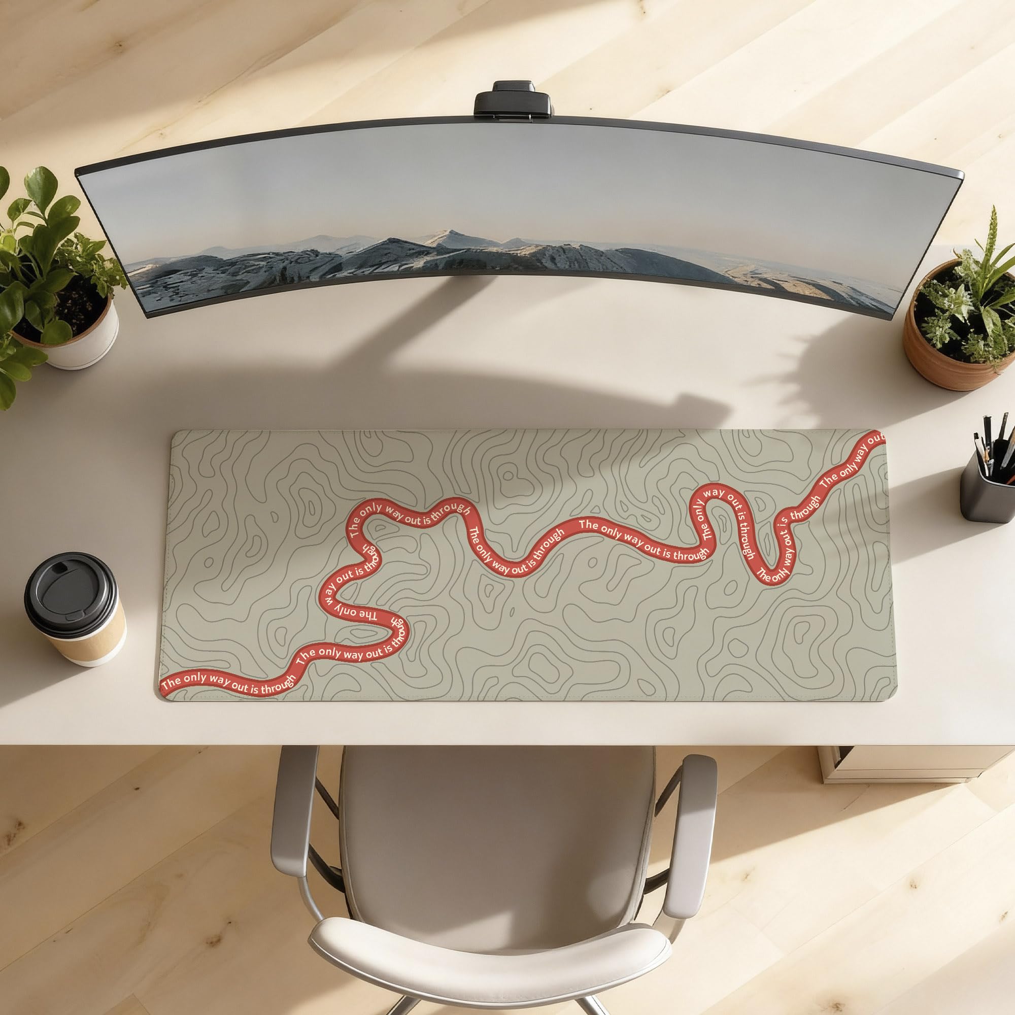SoulAbiti The Only Way Out Gaming Mouse Pad, 36 x 16 Inch XXXL Extended Desk Mat for Keyboard & Mouse, Grey Red Topographic Deskpad, Non-Slip Rubber Base, Stitched Edges 1