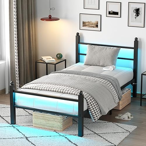 Miniatura 15 de Base de cama de tamaño individual con estación de carga y luces LED, marco de cama de metal con cabecero, cabecera tapizada negra con estantes de