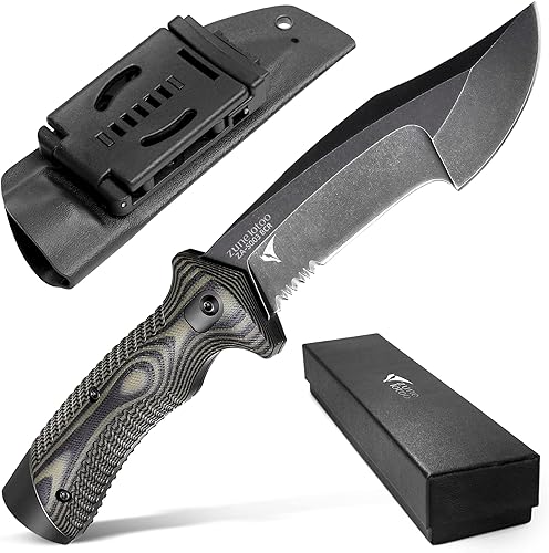 ZUNE LOTOO Cuchillo táctico de hoja fija de espiga completa para hombres, cuchillo Bowie de 9.4 pulgadas con funda Kydex y mango G10, cuchillos de