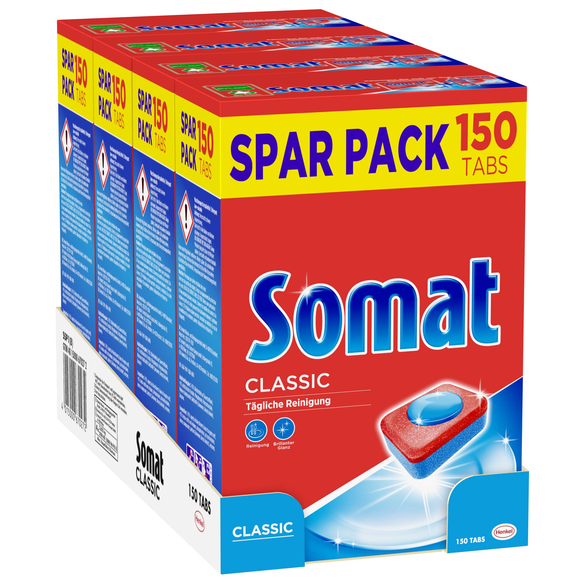 Somat Classic, Spülmaschinen-Tabs, Sparpack, 4er Pack (4 x 150 Tabs) für die tägliche Reinigung von Besteck & Geschirr