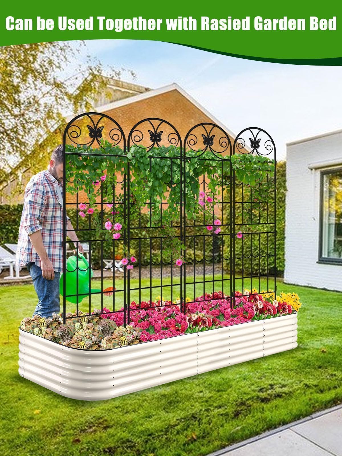 2.2 M Traliccio Giardino Piante Rampicanti, Kalolary Confezione 4 Tralicci Giardino Neri Telaio Piante Rampicanti in Metallo Antiruggine Supporto Piante in Vaso Prato Cortile Fiori Esterno Frutta Viti