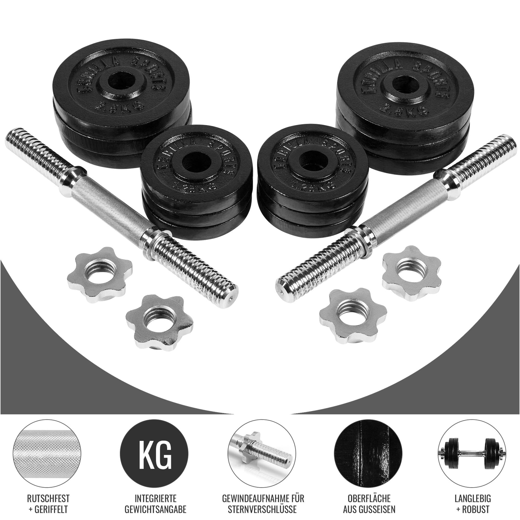 GORILLA SPORTS® Kurzhantelset 30 kg, 2er Set, 12 Hantelscheiben, Gusseisen | Mit 2 Kurzhantelstangen, 4 Sternverschlüssen und 30 mm Lochdurchmesser; rutschfest, gerändelt, Kurzhanteln, Kurzhantel Set