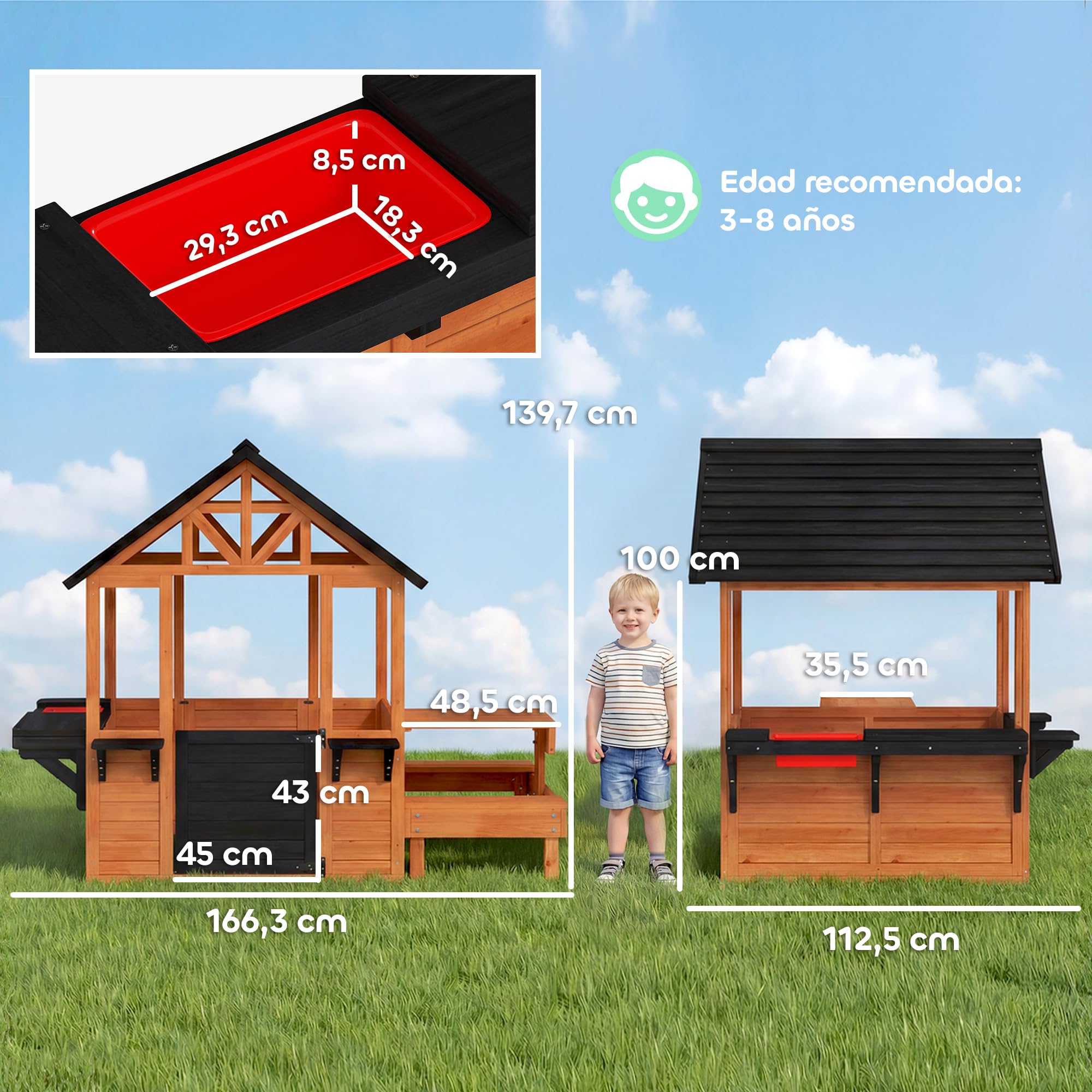 AIYAPLAY Casita Infantil Exterior e Interior de Madera, Casita Infantil con Barra de Snack, Mesa de Picnic y Bancos, Fregadero, Maceteros, Ventanas, Cocina Juguetes para Niños 3-8 Años, Marrón Claro