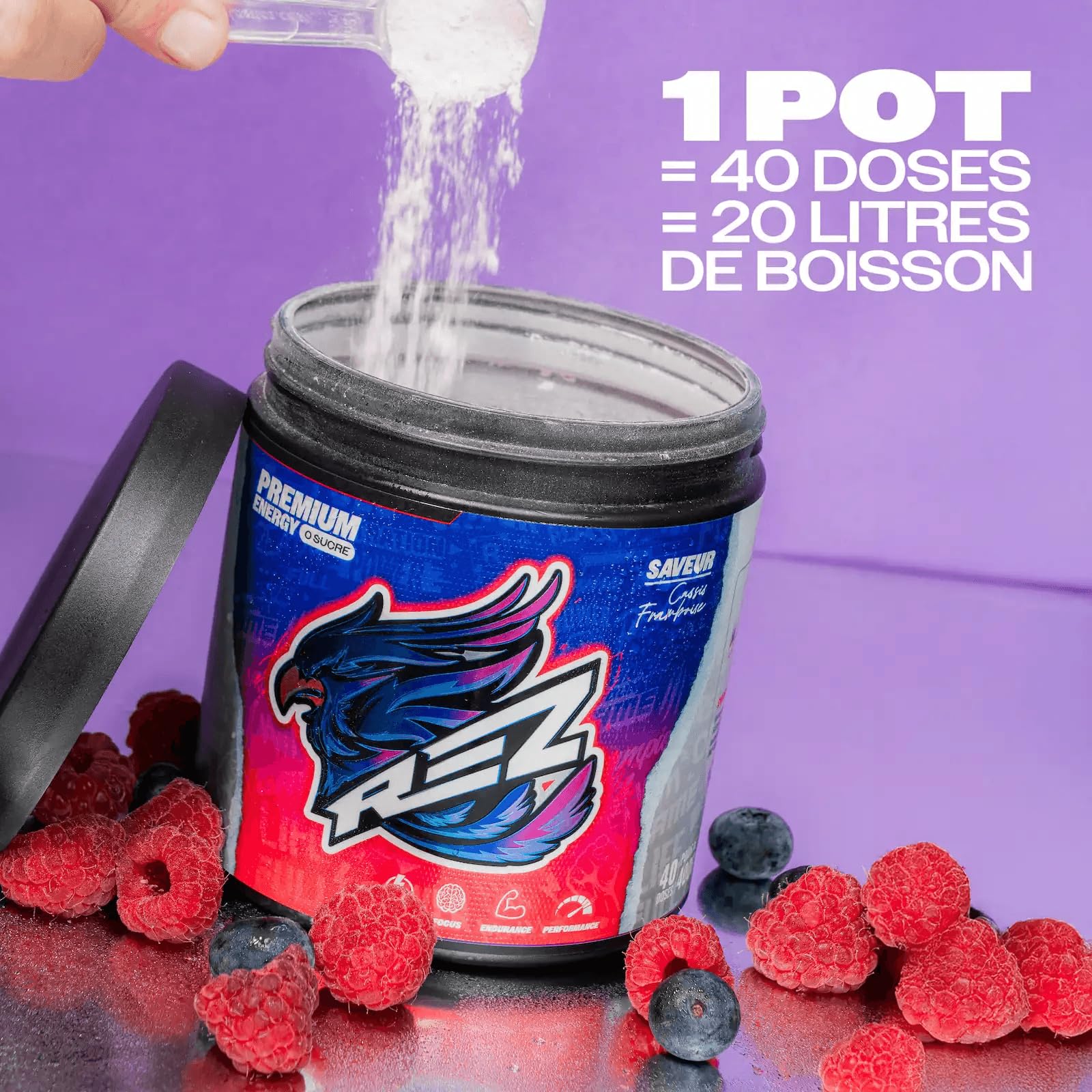 Rez® - Boisson Energisante Poudre Sans Sucre - 40 Doses - Aromes Naturels - 30 Calories - Fabrique en France - 400g - Cassis Framboise