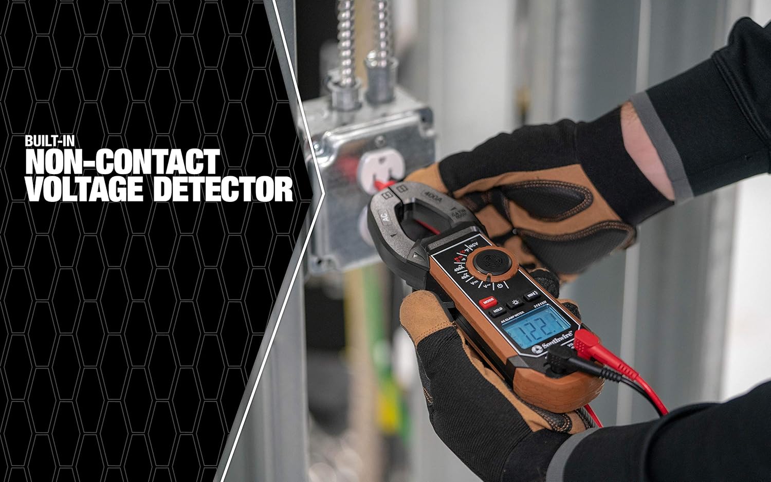 Southwire 21510N clamp meter, third-hand test probe holder, 400A AC current range, CAT III 600V safety rating, built-in non-contact voltage detector, 5 year warranty, Black Brown - - 