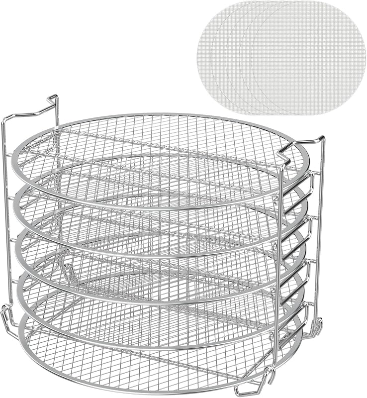Rejilla deshidratadora para olla instantánea Ninja Foodi, olla a presión de 8 cuartos y freidora de aire, accesorios para parrilla, acero inoxidable, 5 capas apilables con paquete de 5 tapetes deshidratantes antiadherentes de silicona, para frutas y carne seca