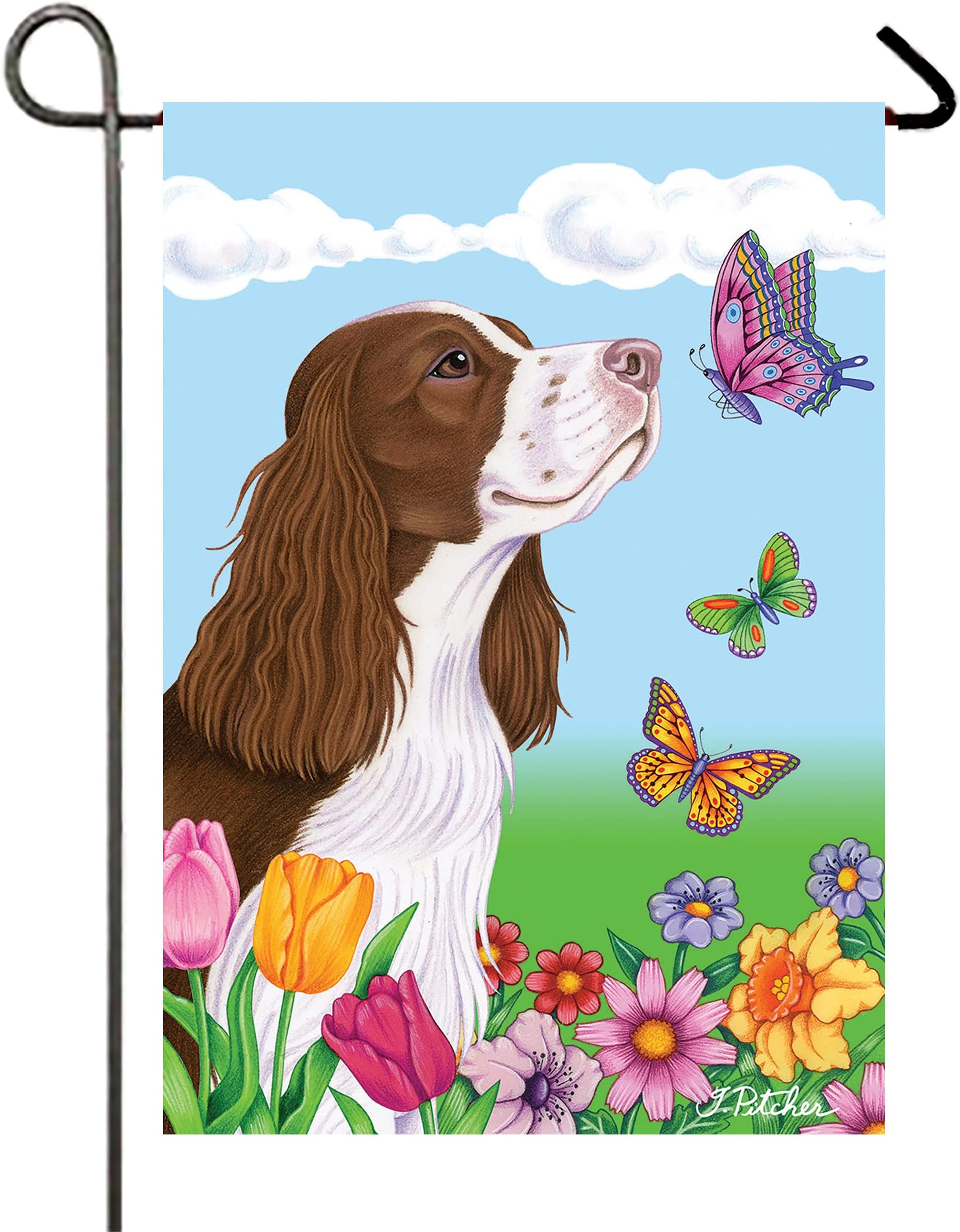 Springer Spaniel Liver/White - Best of Breed Butterfly Garden Flag