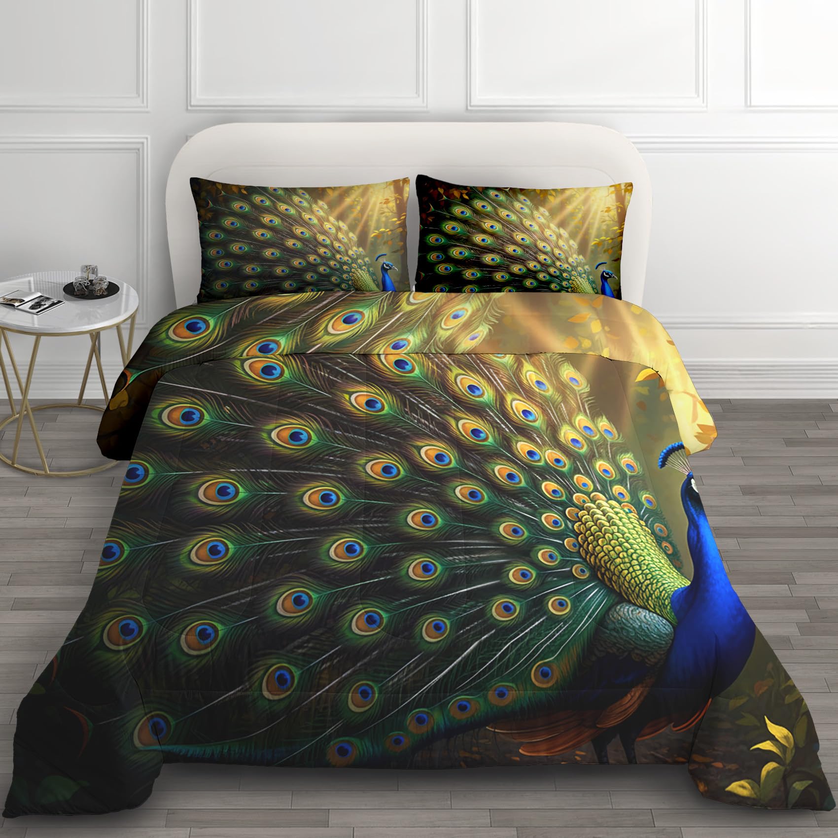 Bettdecke 200x220 Pfau - Pfauenfeder Deko, 4 Jahreszeiten Bettdecken 200 x 220, Steppdecke Ohne Bezug Nutzbar, Warme & Weiche Ganzjahresdecke mit 2 Kissenbezug