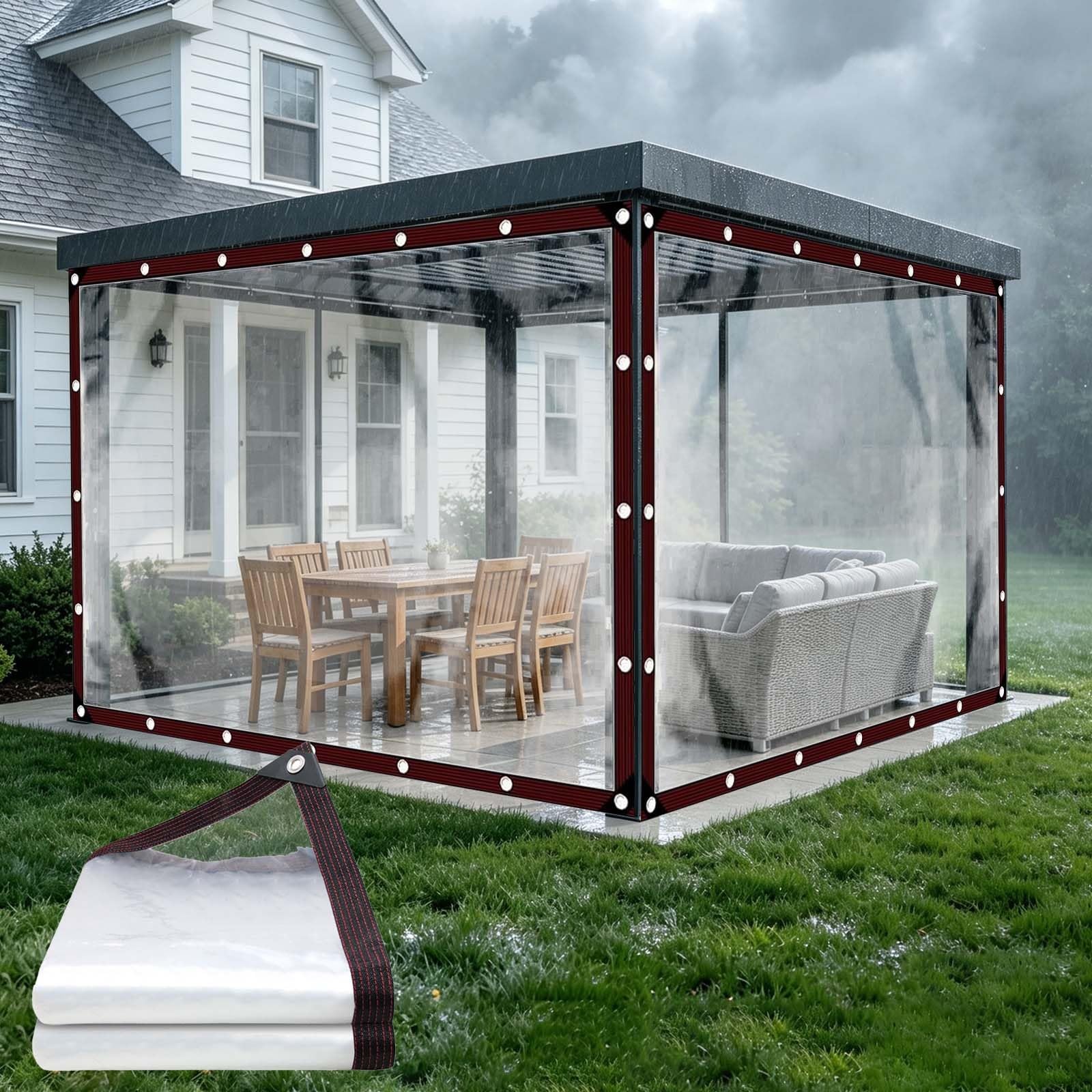 Clear Tarpaulin 340 x 550 cm Reinforced Edge, Tear-Resistant, with Rope Heavy Duty Transparent Plastic Sheets, Outdoor Garden Rain Tarp for Balcony Protection, colorless