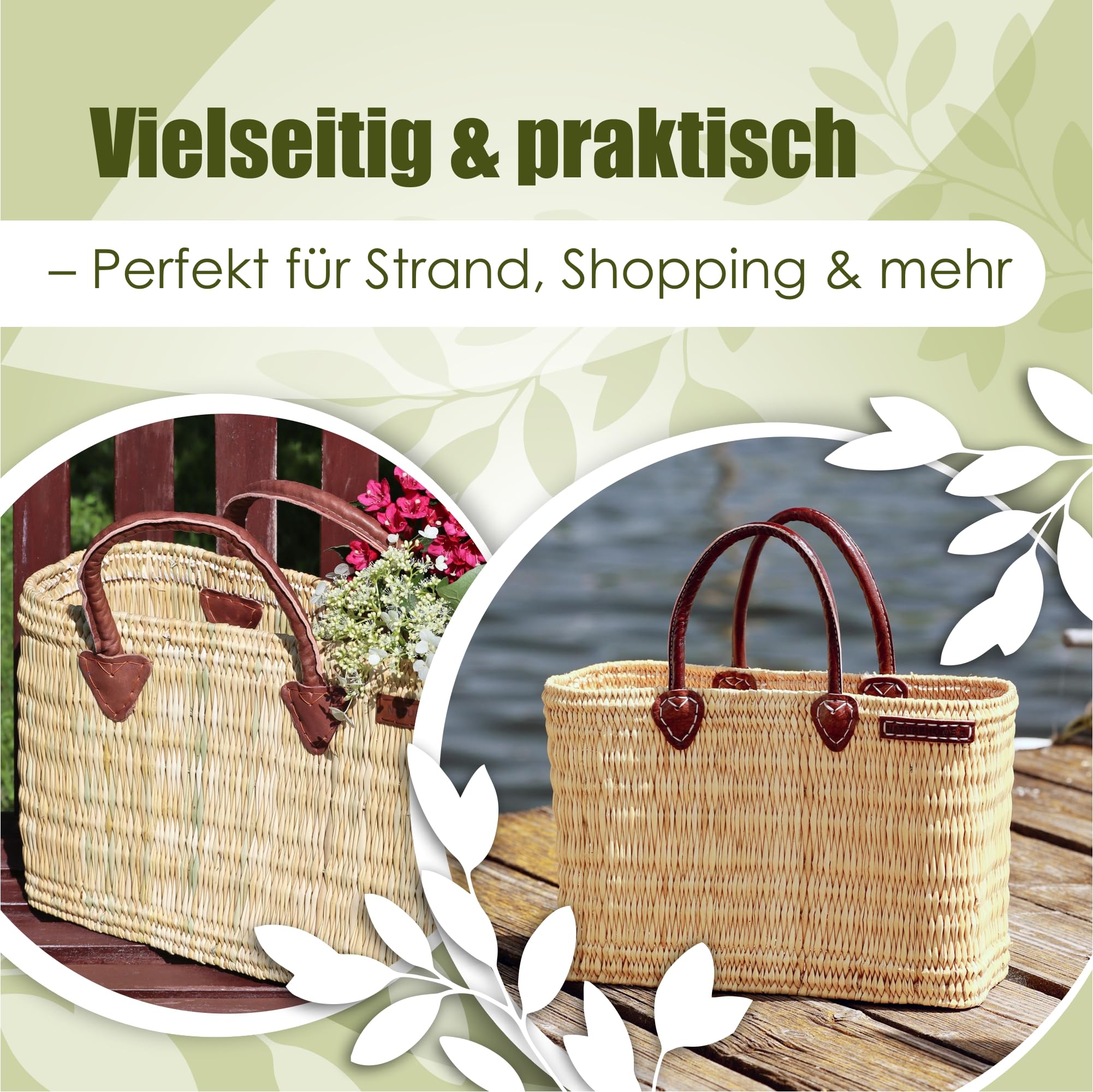 NATUREHOME Ręcznie plecione torby z trzciny i liści palmowych torba beachbag ze skórzanymi uchwytami naturalna torba łazienkowa, naturalny, Schilfrohrkorb M