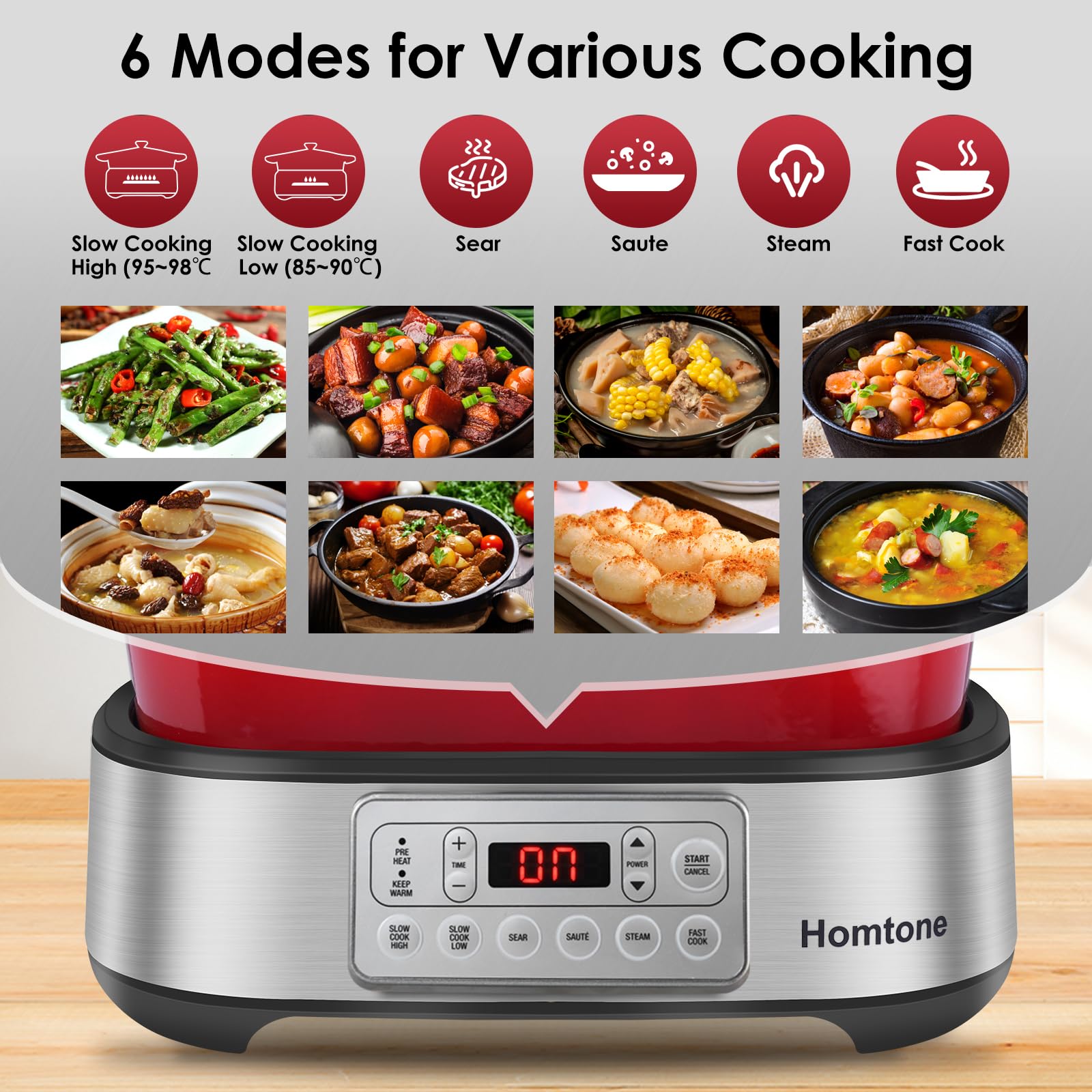 Homtone Schongarer & Multikocher 6-in-1, 5,5L Slow Cooker Programmierbarer Abnehmbarer Emaille-Schmortopf, Keramik-Antihaftbeschichtung, Langsames Garen, Anbraten, Dämpfen mit Dampfgarrost, Rot