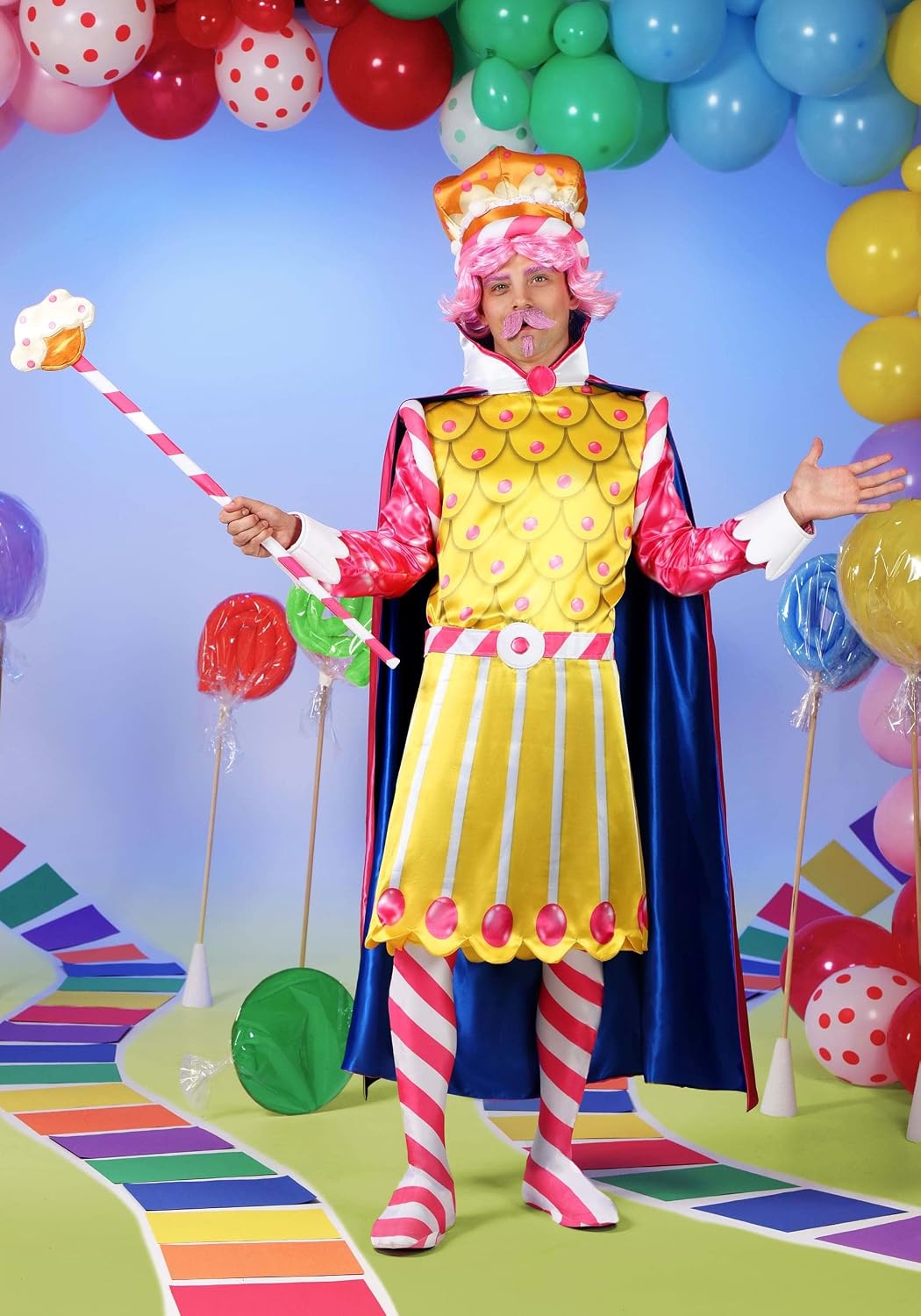 King Candy Land Costume, Adult Sweets Halloween Outfit From Board Game | Tunic, Cape, Crown, Foot Covers, & Scepter