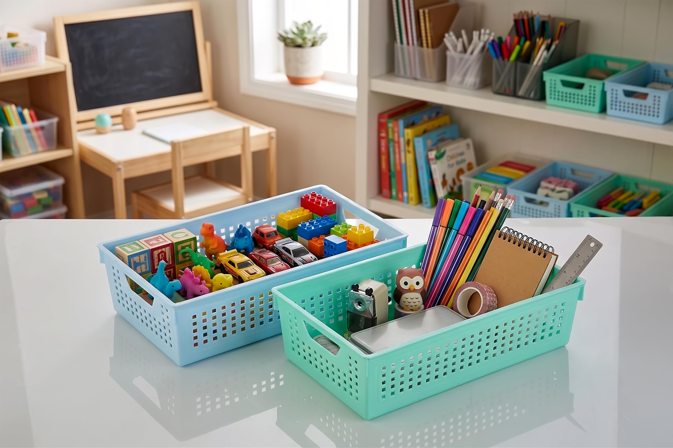 Xmart India Multipurpose Plastic Storage Basket with Handles | Large Stackable Storage Box & Organiser Basket for Kitchen, Wardrobe, Bathroom & Home Storage and Organizer (3, Mint Green)-image-16