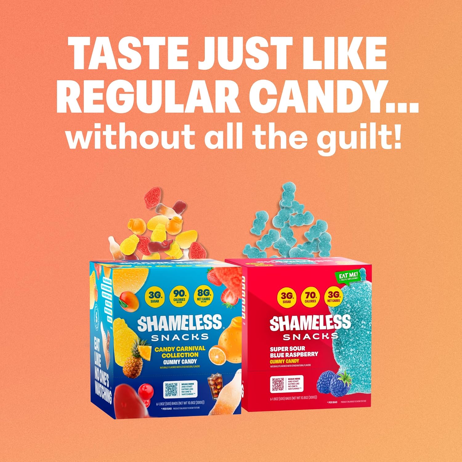 Shameless Snacks Duo: 6 Pack Blue Raspberry & 6 Pack Candy Carnival Bundle - Healthy Low Sugar Snacks - Pineapple, Mango, Orange, Strawberry & Cola Gummies - Vegan, Gluten-Free, Low-Calorie