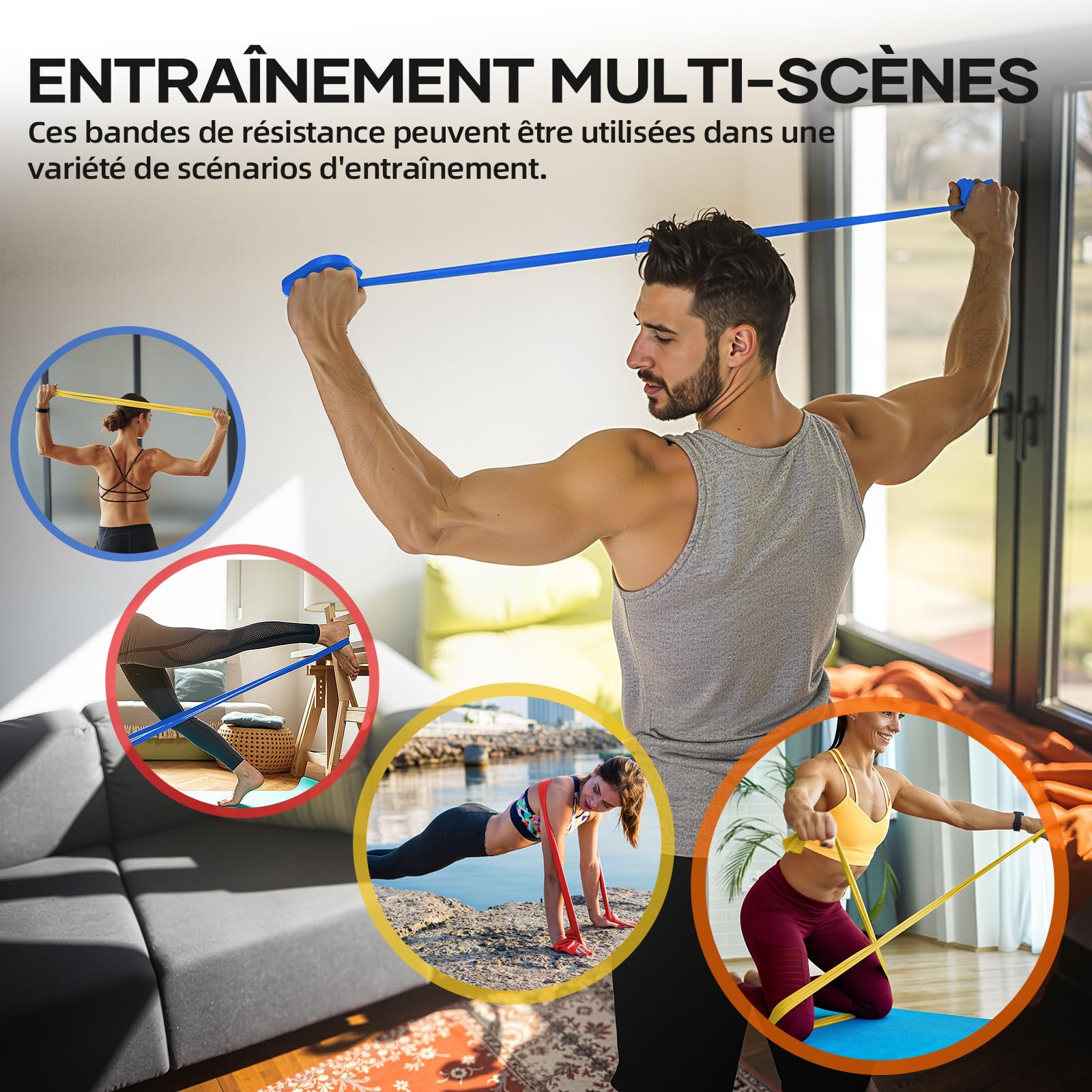 Bande Élastique Musculation 3 Pièces 1.5M/2M Fitness avec 3 Niveaux de Résistance Yoga Pilates
