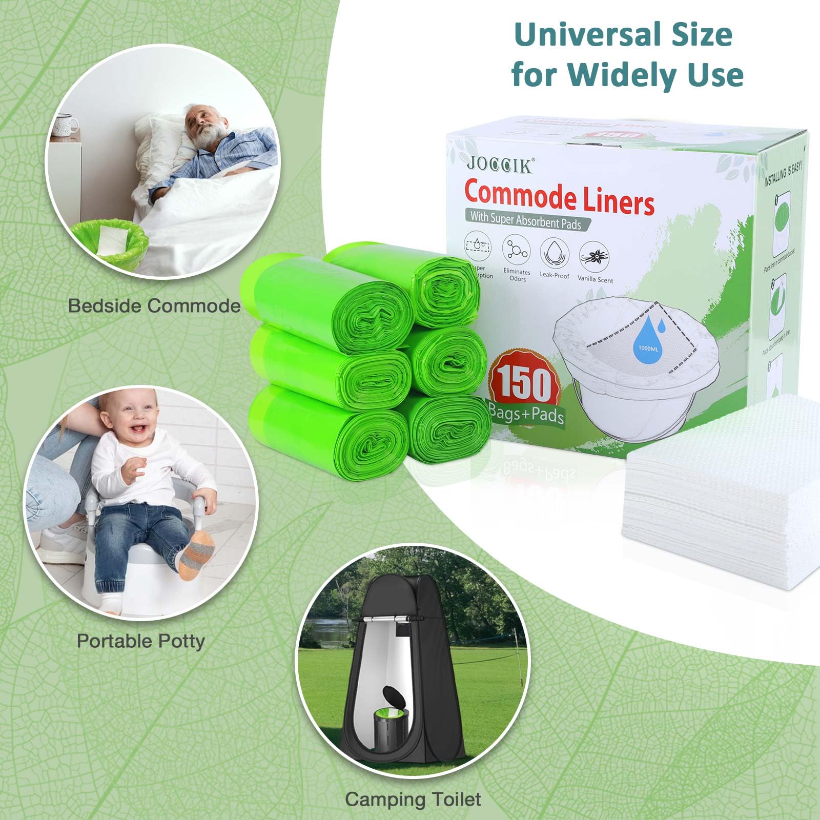 Bolsas de tocador para mesita de noche, 150 bolsas + 150 almohadillas para cubo de silla de inodoro, súper absorbente, sin perfume, a prueba de fugas, tamaño universal