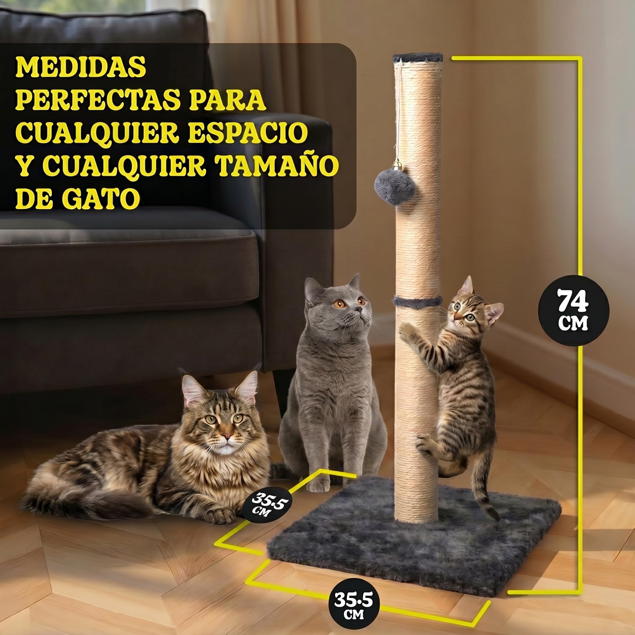 Rascador para Gatos Grandes de Interior, Poste Rascador de Sisal 74 cm con Cascabel en la Bola Colgante, Incluye Juguete de Plumas para tu Gato, Ideal para Afilado de Uñas y Diversión