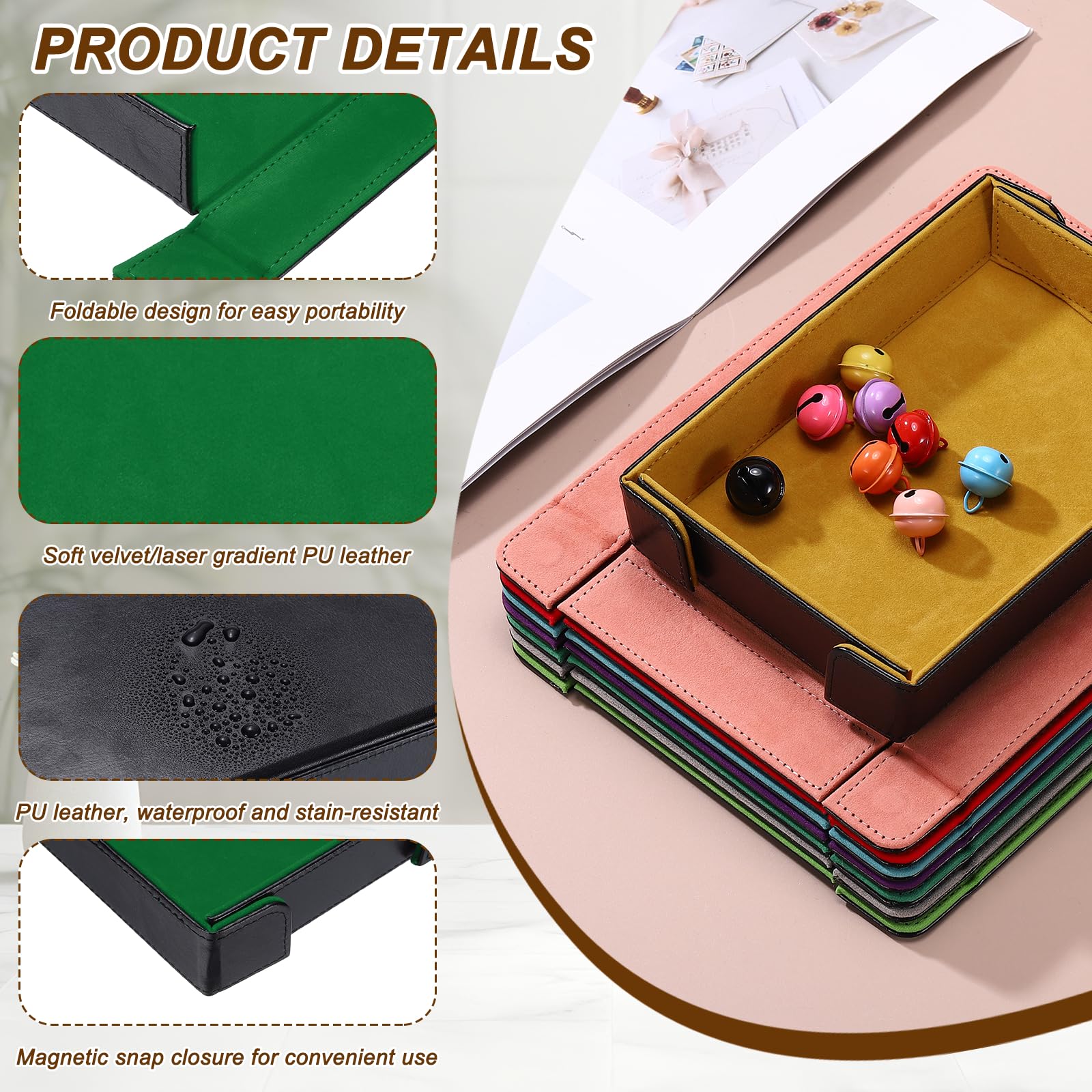QUARKZMAN Bandeja De Dados De Cuero PU Rectangular Magnética Plegable De Terciopelo Portátil para Juegos De Mesa Llaves Billetera Reloj Monedas Verde