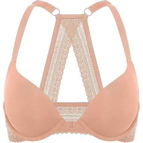 DOBREVA Women's Push Up Bra Racerback Front Closure Bras Plunge Underwire Tshirt Padded Lace