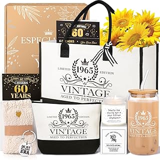 60th Birthday Gifts for Her Women, Cool Gifts for 60 Year Old Woman, Sixty Birthday Tote Bag Glass Cup Candle Gift Basket Ideas Daughter Mom Sister Friend Wife Coworkers