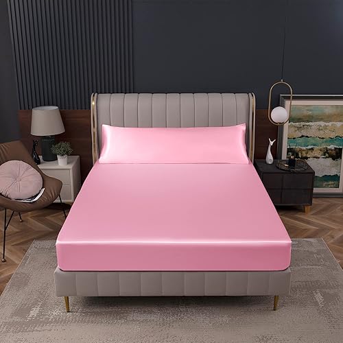 Miniatura 8 de Homiest Sábana bajera ajustable de satén rosa tamaño individual, sábana bajera de bolsillo profundo, sábana bajera de lujo y ultrasuave, sábana