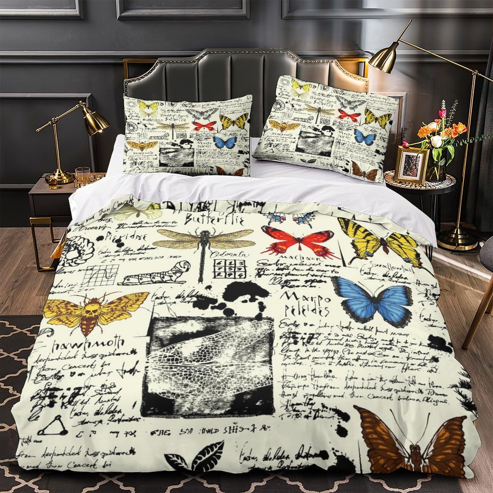 Parure de lit papillon douce et respirante avec housse de couette zippée en microfibre