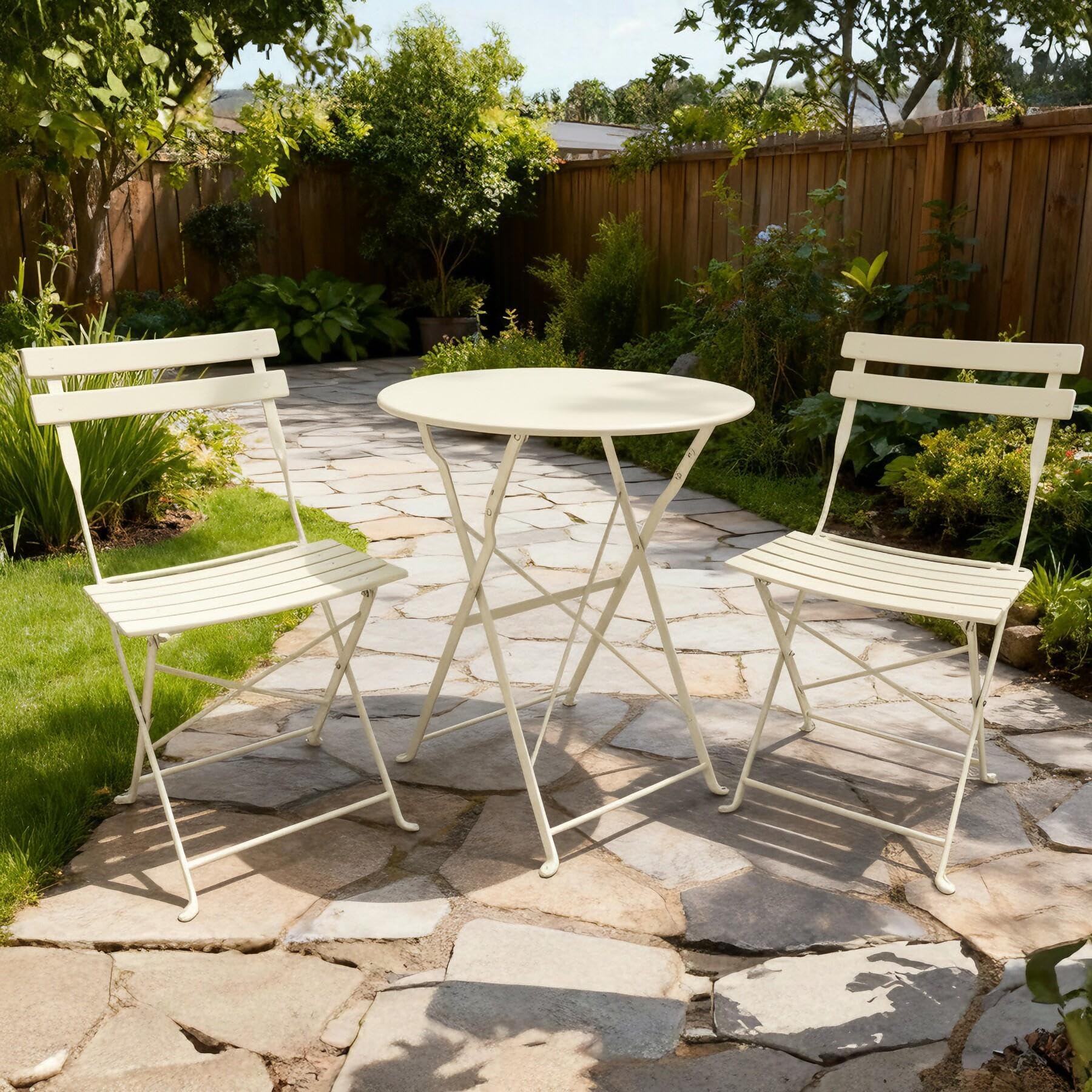 Home Source Clifton Bistro Set 3 Piece โ Cream Aluminium, Folding Chairs - 60W x 60D x 70H cm Table - 2 Seater Garden Furniture Set