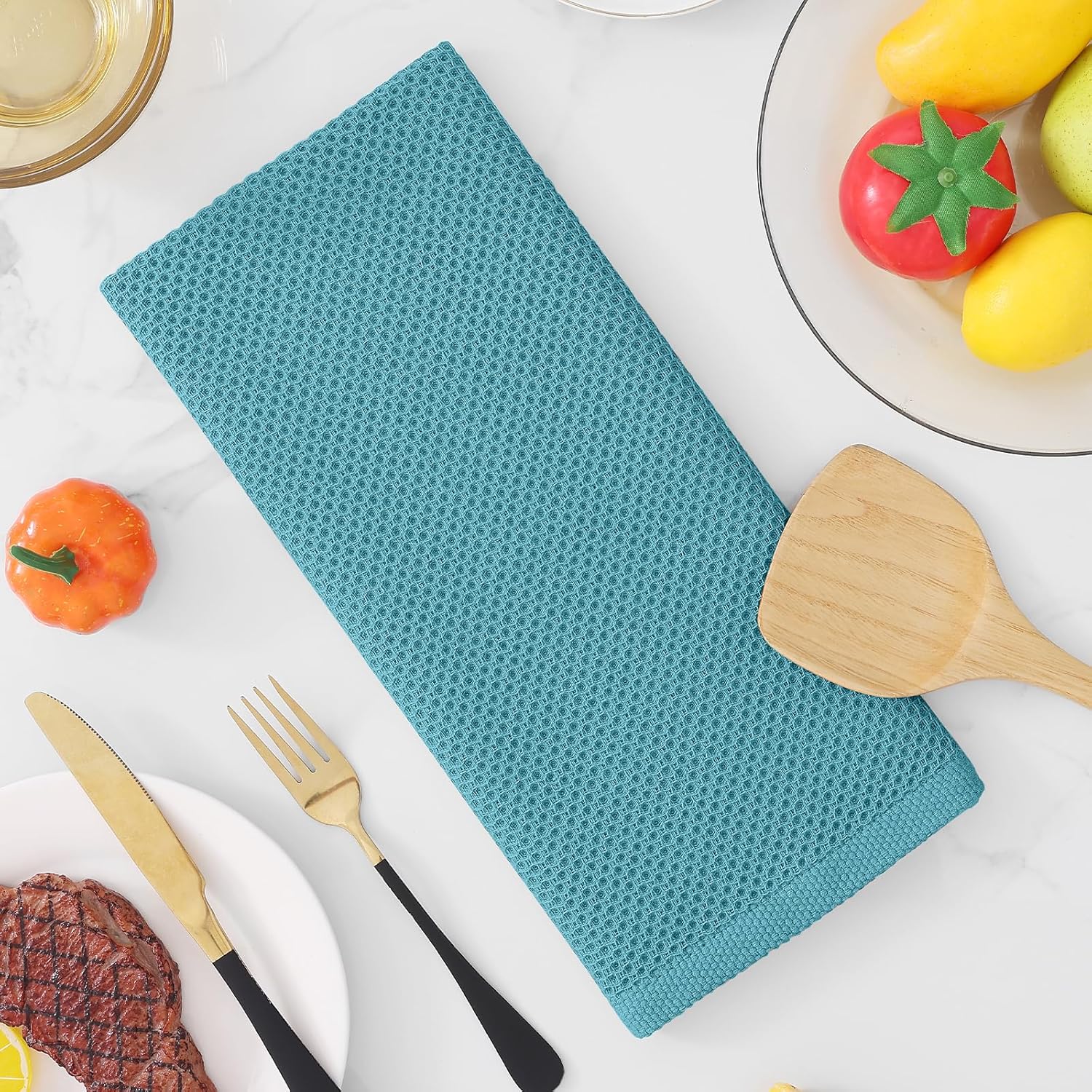 Homaxy 100% Cotton Waffle Weave Kitchen Dish Towels, Ultra Soft Absorbent Quick Drying Cleaning Towel, 13 x 28 Inches, 4-Pack, Lake Blue - Image 7