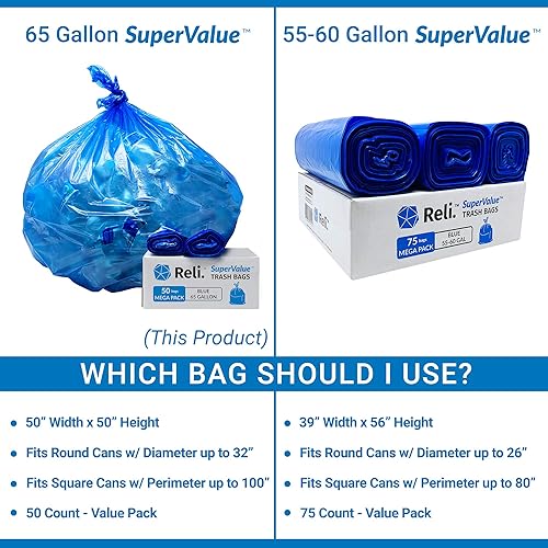 Miniatura 6 de Reli. SuperValue - Bolsas de reciclaje de 65 galones, 50 unidades, bolsas de basura azules, fabricadas en los Estados Unidos