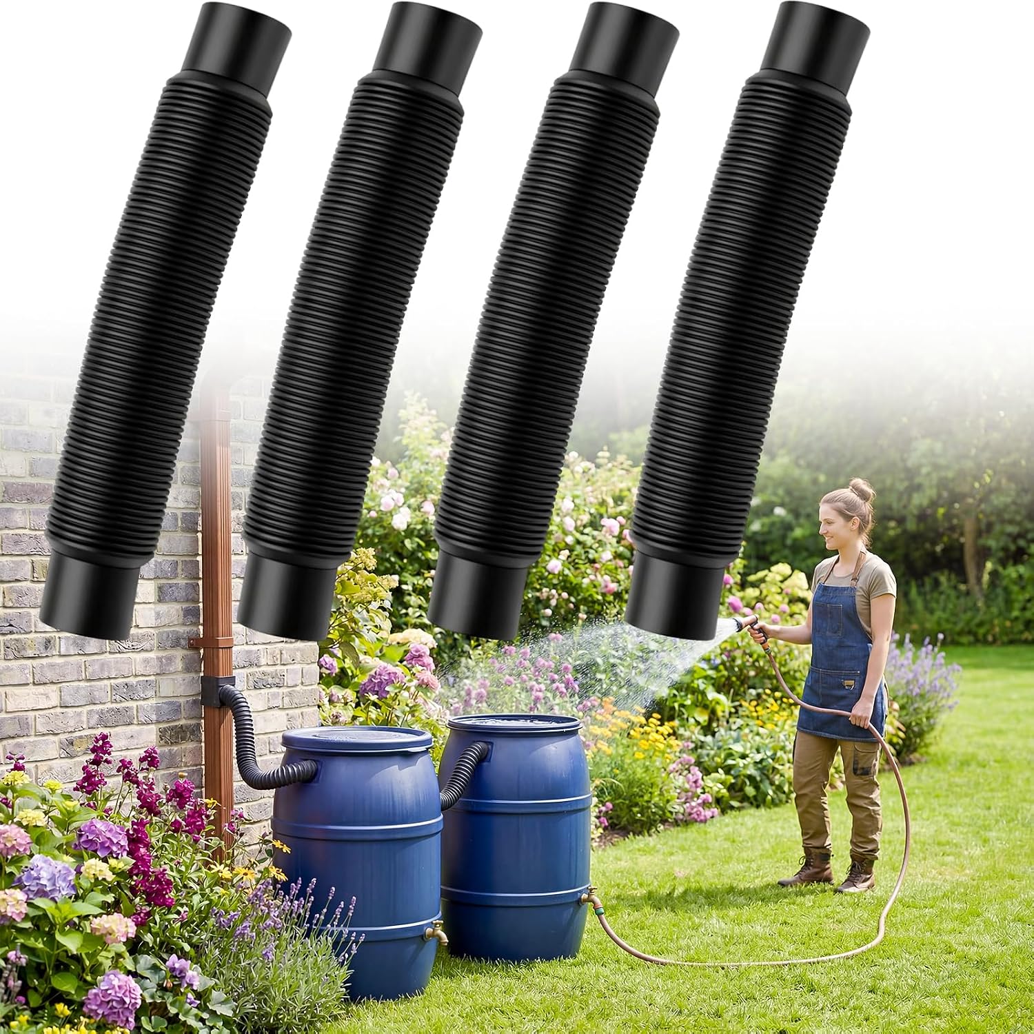4Pcs Rain Barrel Hose Connector Kit, 1.25"Dia Downspout Diverter Kit, Linking Rainwater Overflow Barrels to Store More Rainwater for Outdoor Home Garden(Each8.6"-31"Long)