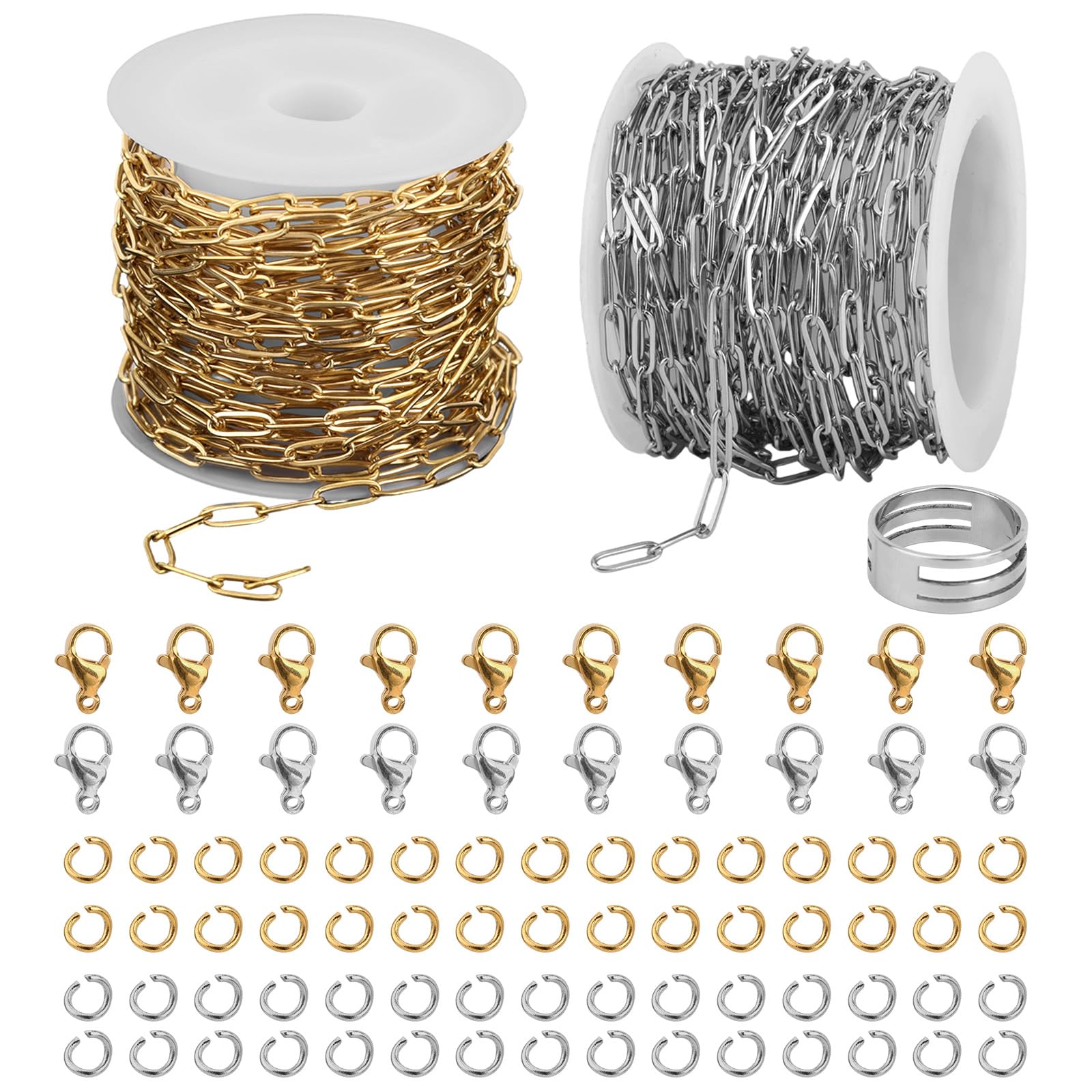 2 Rolls Paperclip Chains for Permanent Jewelry Making, 32.8ft Silver and Gold Stainless Steel Chain with Lobster Clasp, Open Jump Ring & Opener Tool Kit for Jewellery Charm DIY Bracelet Necklace Craft