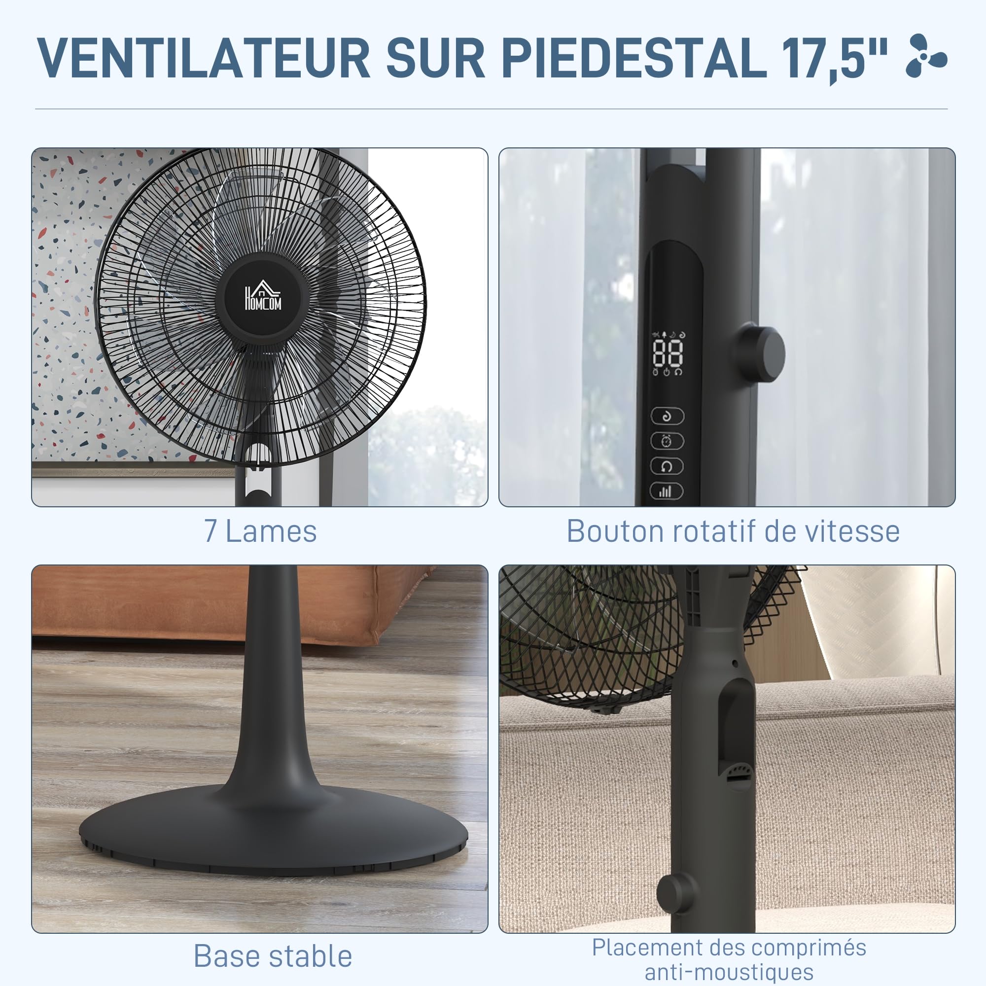 HOMCOM Ventilateur sur Pied Ø42cm Silencieux Télécommande Minuterie Noir | 40W, 3 Modes, 28 Vitesses, Fonction Anti-Moustique, Hauteur Réglable, Oscillant 75°