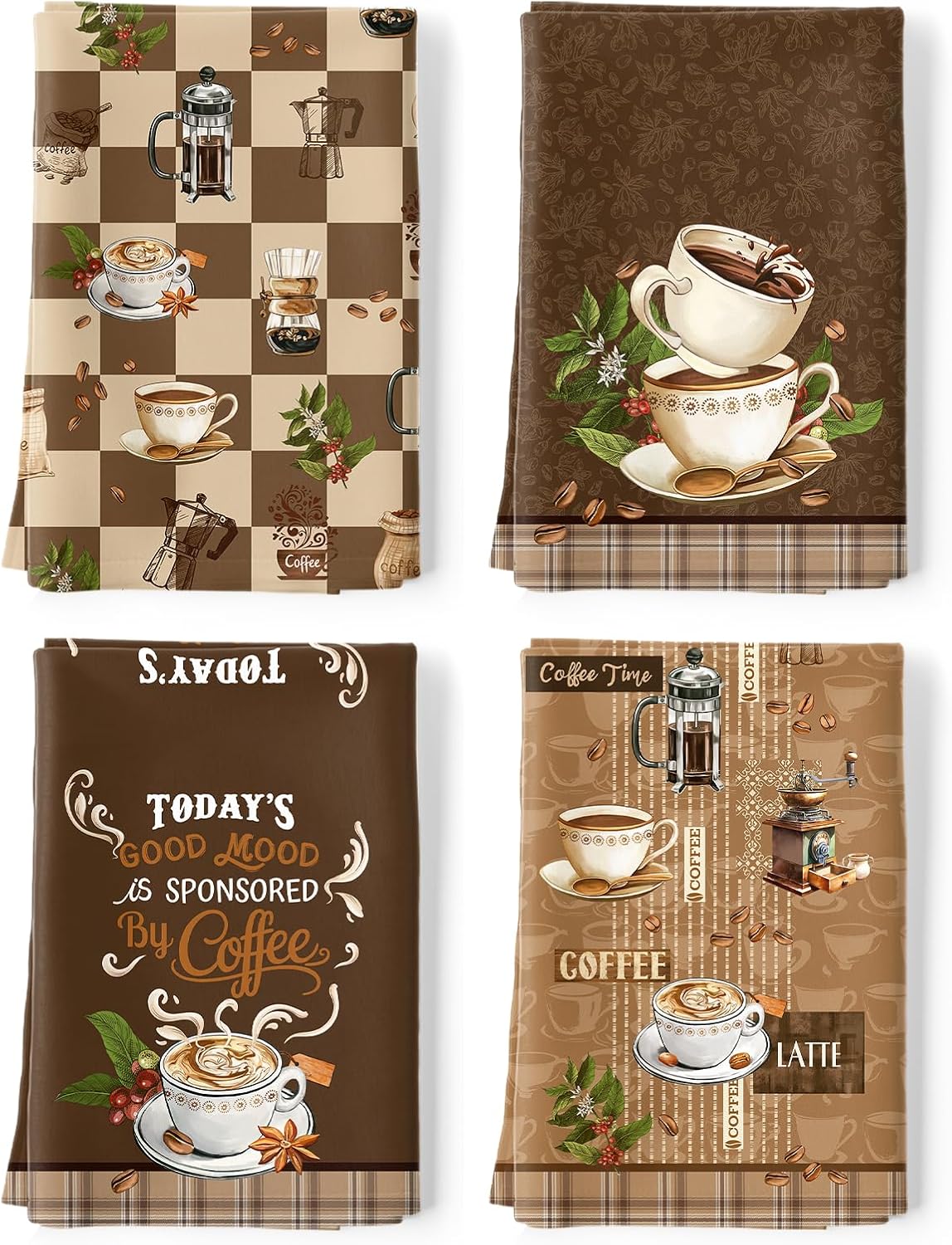 Vintage Coffee Tea Towels, 100% Cotton Kitchen Towel, Set of 4 | 18.9 x 27.5 in / 48 x 70 cm, Lightweight Woven Dish Cloth Cafe Bar Decor for Coffee Lovers, Housewarming Gift