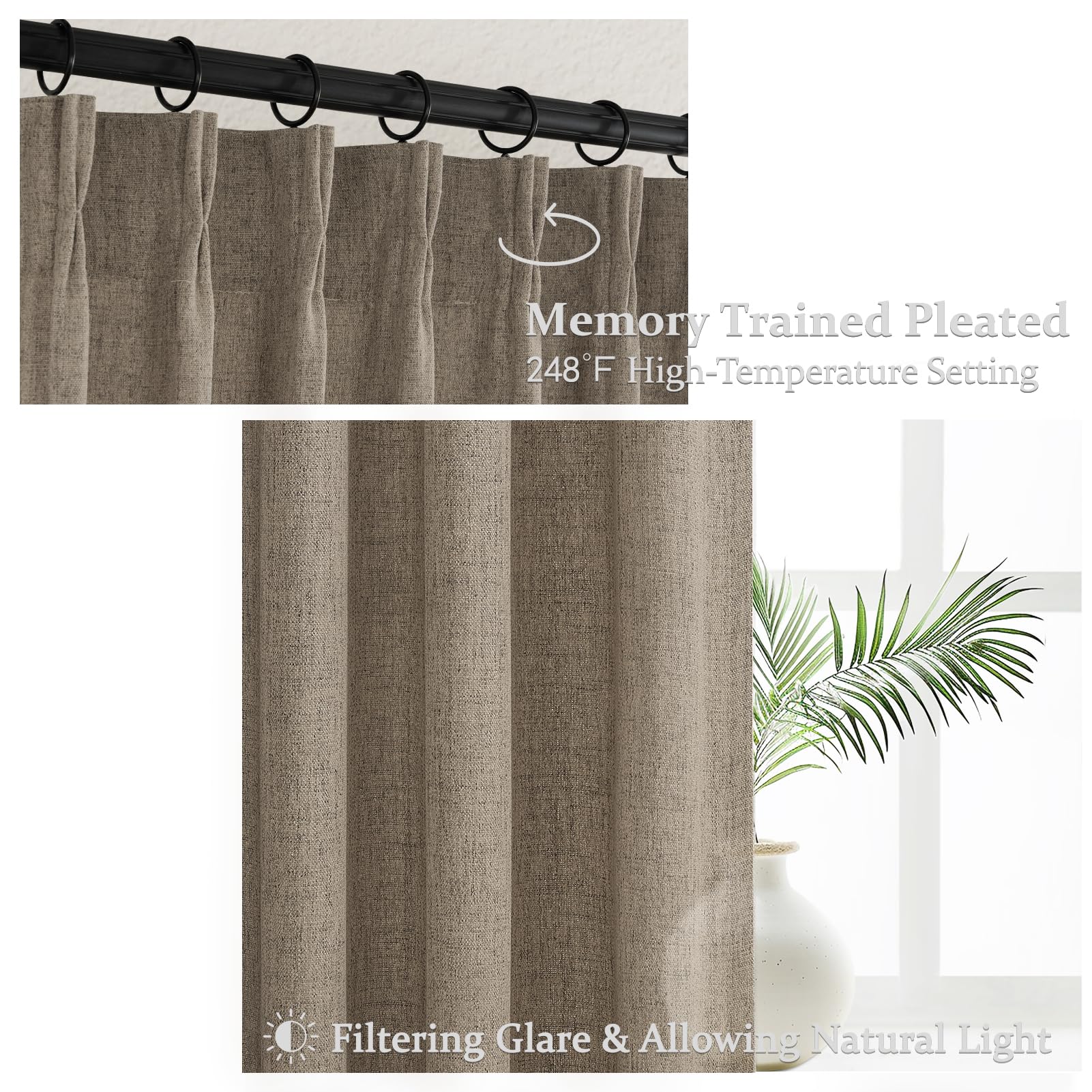 Blackout Pinch Pleat Curtains - 84 Inch Length, Taupe Linen, 2 Panels - Thermal Insulated & Noise Reducing For Living Room & Bedroom