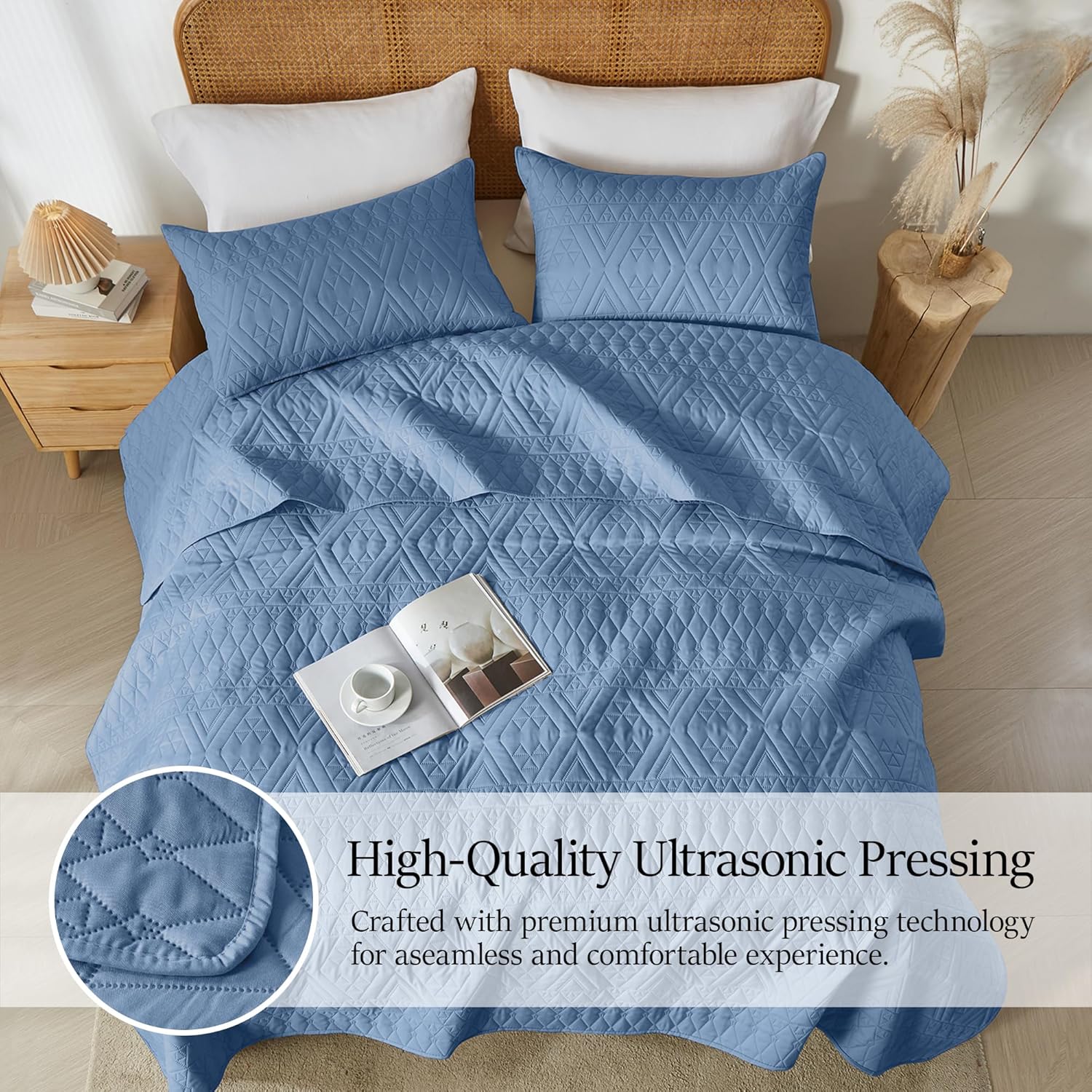 akkialla Full/Queen Quilt Set, Boho Style in a Solid Color, Bluish Grey Lightweight Microfiber Bedspread, Soft and Breathable Coverlet for All Seasons, 3-Piece Bedding Set (1 Quilt, 2 Pillow Shams) - Image 5