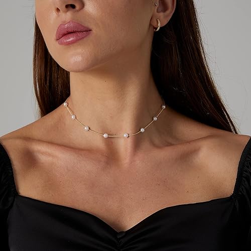 Miniatura 4 de ASCOMY Delicados collares de perlas para mujer, chapados en oro de 14 quilates, grueso, media perla, cadena de palanca, minimalista, con clip de