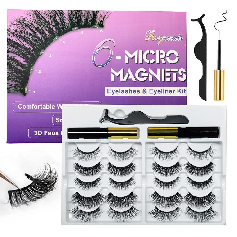 Royaomis 10 Pairs Magnetic Eyelashes with Eyeliner, Magnetic Lashes Natural Looking, Magnetic Eyelash Kit,Latest Six Magnets, With 3D 5D Reusable False Lashes, Easy to Wear, No Glue Needed