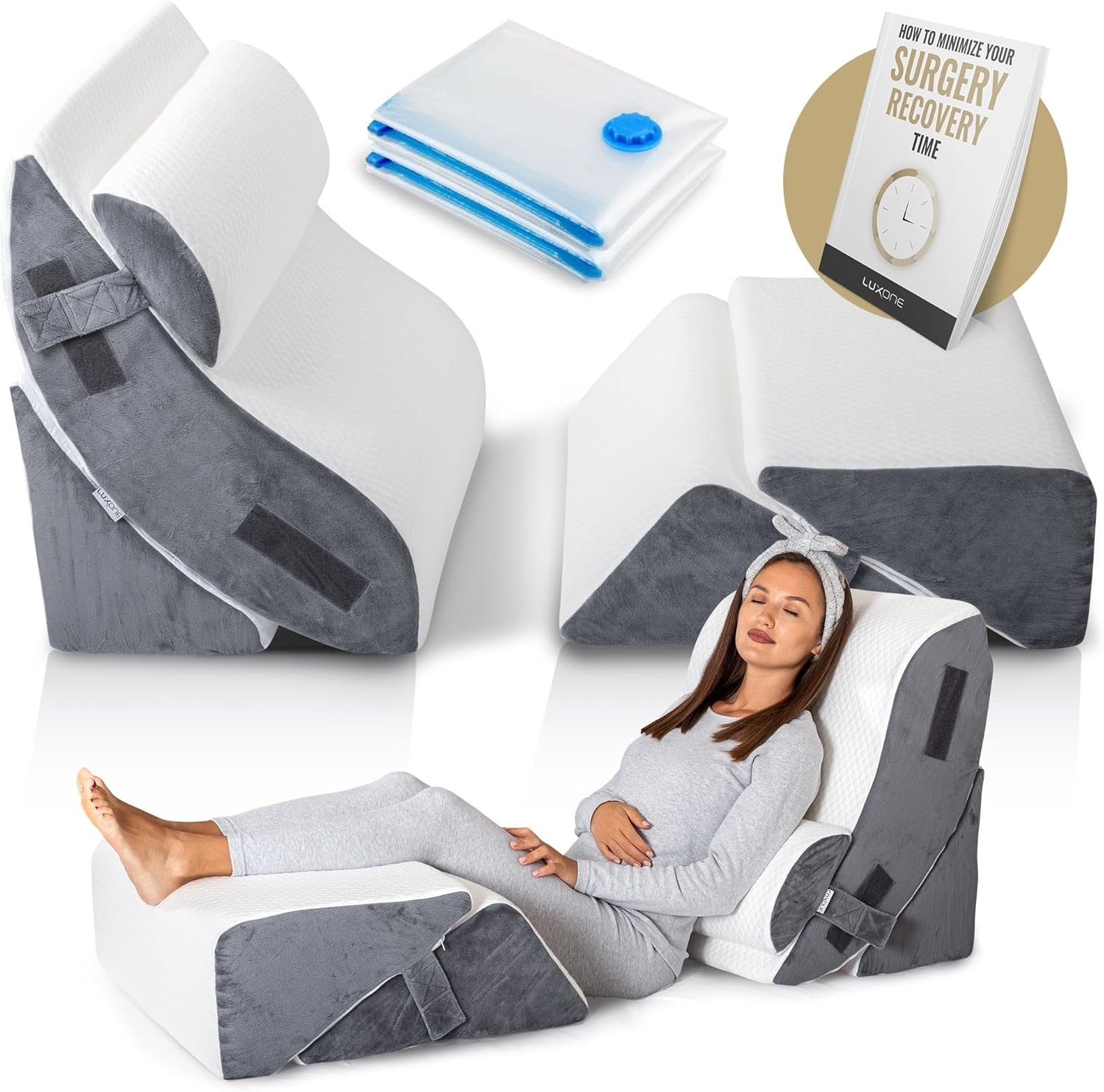 Luxone 5 Pcs Adjustable Relaxing System w/Leg Elevation Pillow - Perfect Orthopedic Pillow Set for After Surgery - Memory Foam Bed Wedge Pillows for Back Support, Pain Relief & Recovery Charcoal Grey
